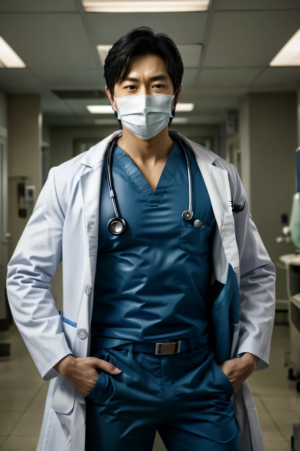 gojo satoru,sexydoctor,stethoscope,coat/shirt/scrubs,surgical mask,pants,white gloves,, best quality,masterpiece,highres,1boy, cowboy shot,