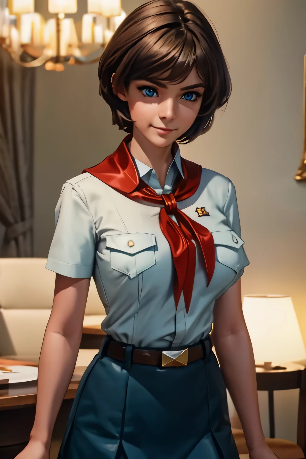 dark brown hair, short disheveled hair, raised eyebrows, sparkling eyes, blue eyes, shy smile, atmospheric perspective, anime style, cinematic lighting, glowing light, Wide-Angle, 8k, best quality, masterpiece, high details, high quality, slim and fit young girl, perfect flat bursting breast, slim waist, pioneer neckerchief, blue skirt, bangs, white thight shirt, short sleeves, collared shirt, belt, eyelashes, red neckerchief, breast pocket