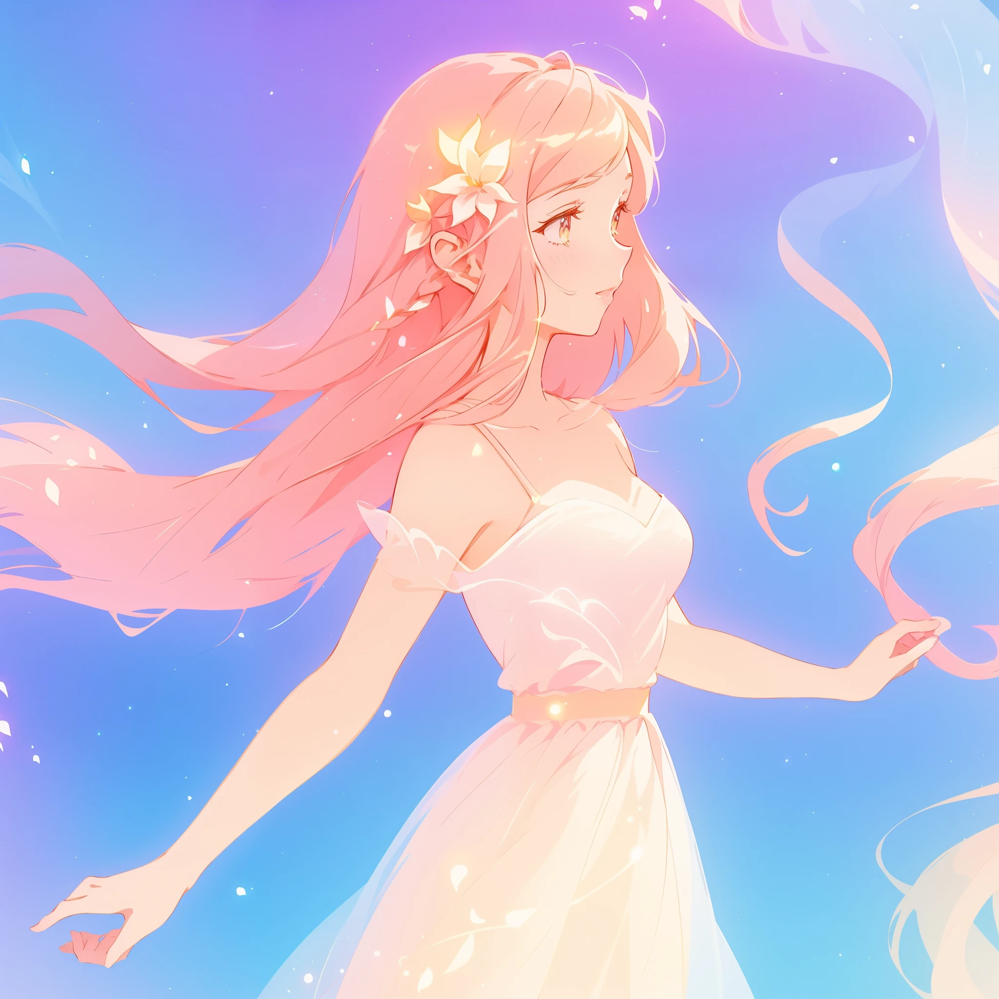 beautiful girl in pale pink sparkling dress, long peach and golden sparkling hair, watercolor illustration, inspired by Glen Keane, inspired by Lois van Baarle, disney art style, by Lois van Baarle, glowing aura around her, by Glen Keane, jen bartel, glowing lights! digital painting, flowing glowing hair, glowing flowing hair, beautiful digital illustration, fantasia otherworldly landscape plants flowers, beautiful, masterpiece, best quality, anime disney style