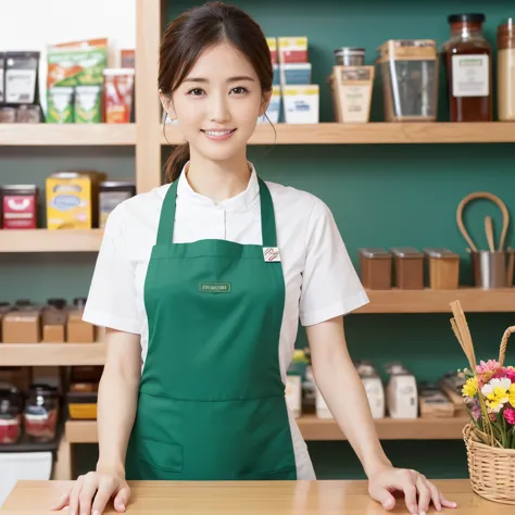 (highest quality、table top、8K、best image quality、Award-winning work)、a woman working at a convenience store、(The most natural an...