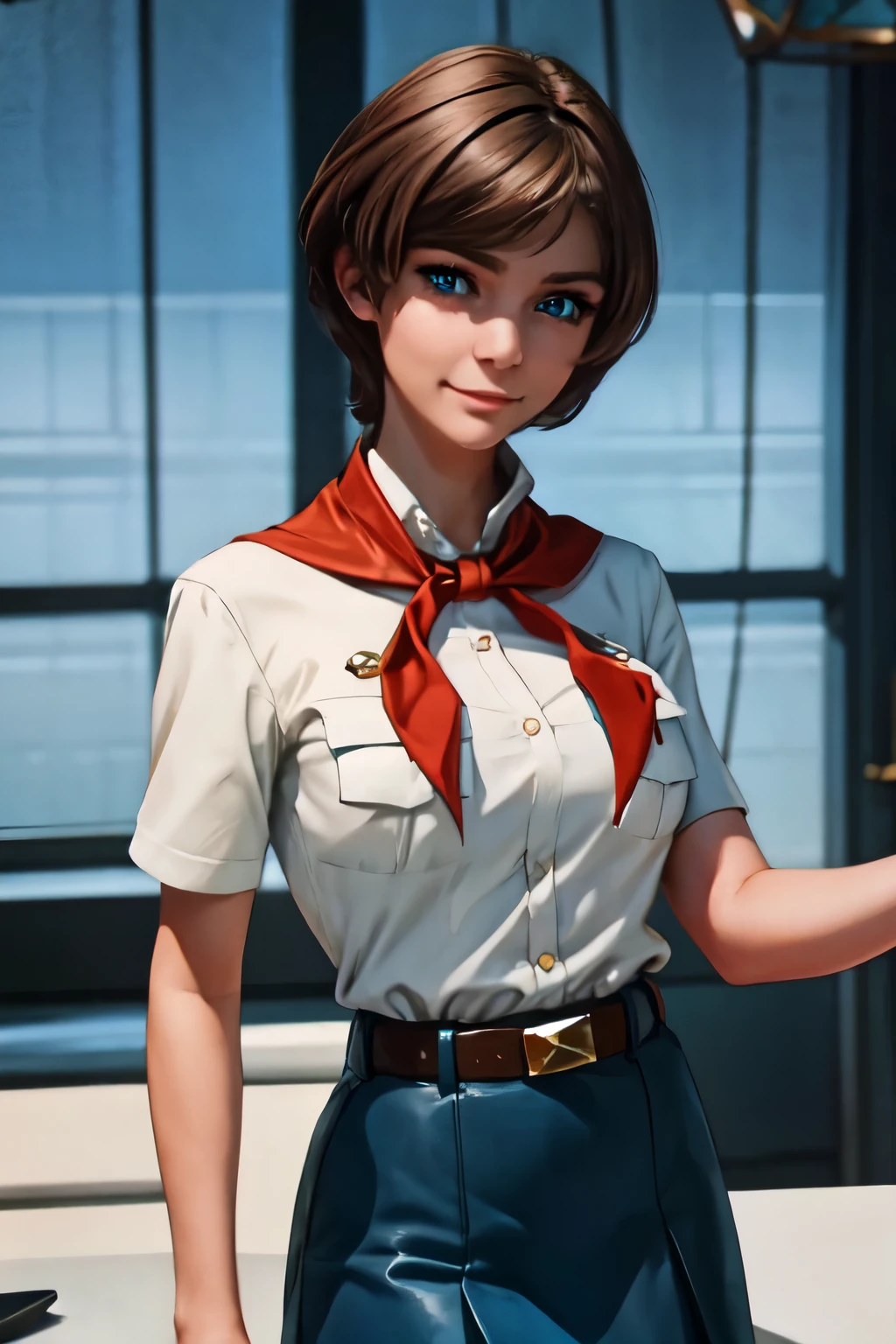 dark brown hair, short disheveled hair, raised eyebrows, sparkling eyes, blue eyes, shy smile, atmospheric perspective, anime style, cinematic lighting, glowing light, Wide-Angle, 8k, best quality, masterpiece, high details, high quality, slim and fit young girl, perfect flat breast, slim waist, pioneer neckerchief, blue skirt, bangs, white thight shirt, short sleeves, collared shirt, belt, eyelashes, red neckerchief, breast pocket