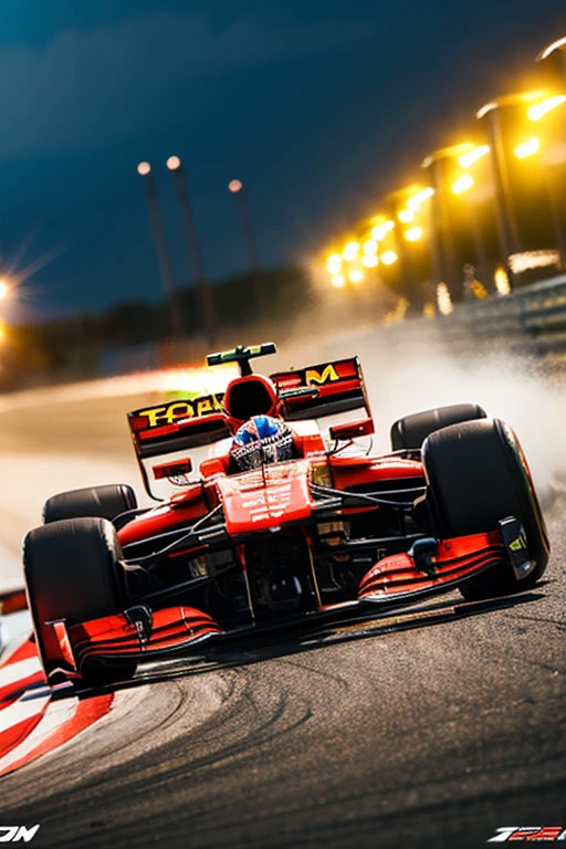 formula racing scene, bright colors, High-speed movement, Detailed car, fierce competition, realistic truck, Professional drivers, stylish design, Powerful engine, dynamic angle, highest quality render, motion blur, adrenaline, roaring engine, skilled operation, Checkered Flag, pit, tire tracks, precise control, narrow corner, high performance vehicle, aerodynamic shape, コックpitビュー, speedometer, racing helmet, sponsor logo