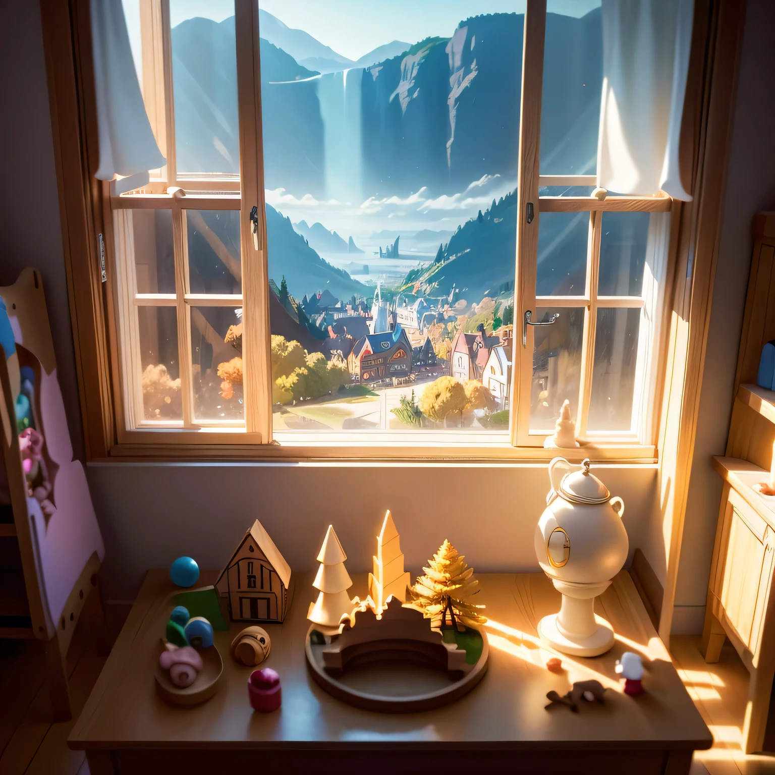 A children wooden puzzle toy in a children's room full of toys all over, light from a window, no animals, only photographs scattered among the toys, the puzzle featuring landscapes and landmarks, morning light casting a serene glow, Photography, captured with a high-resolution camera, 35mm lens, ISO 100 for clarity and detail