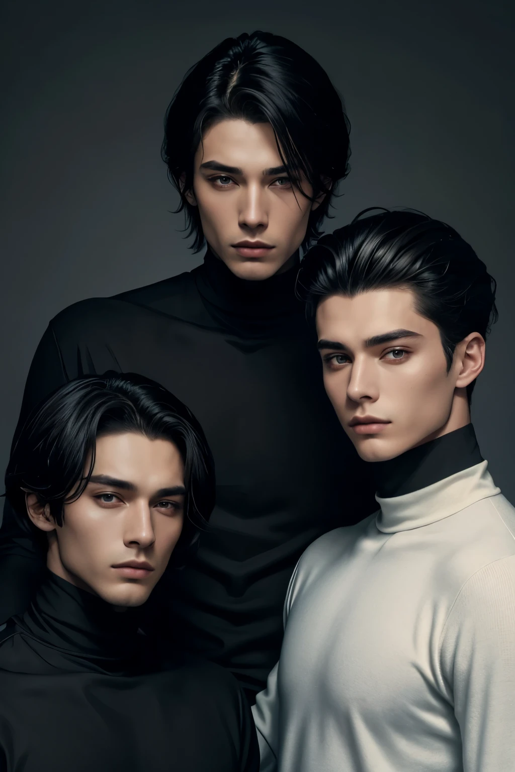 three beautiful young men, 25 years old each, they are wearing a turtleneck and long-sleeved shirt, in black, their faces are close to each other, they are in a fashion and beauty photo shoot, the image is of bust and face, fashion editorial, fashion guys, bust and face, samurai cut hair.