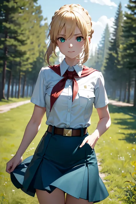 blond hair, braid, ahoge, raised eyebrows, sparkling eyes, green eyes, shy smile, atmospheric perspective, anime style, cinemati...