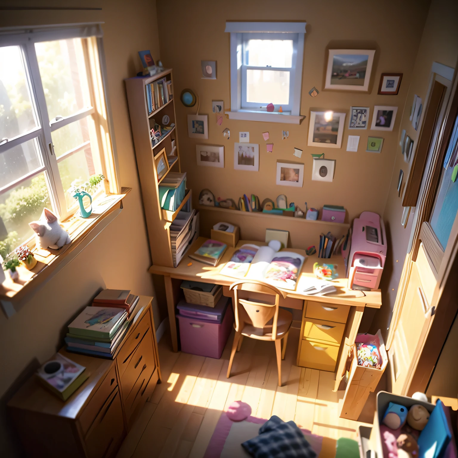 A cluttered children's room illuminated by soft, natural light from a large window, a wooden puzzle amidst a colorful chaos, surrounded by photographs instead of animals, creating a nostalgic and homely feel, Illustration, digital art in a photorealistic style