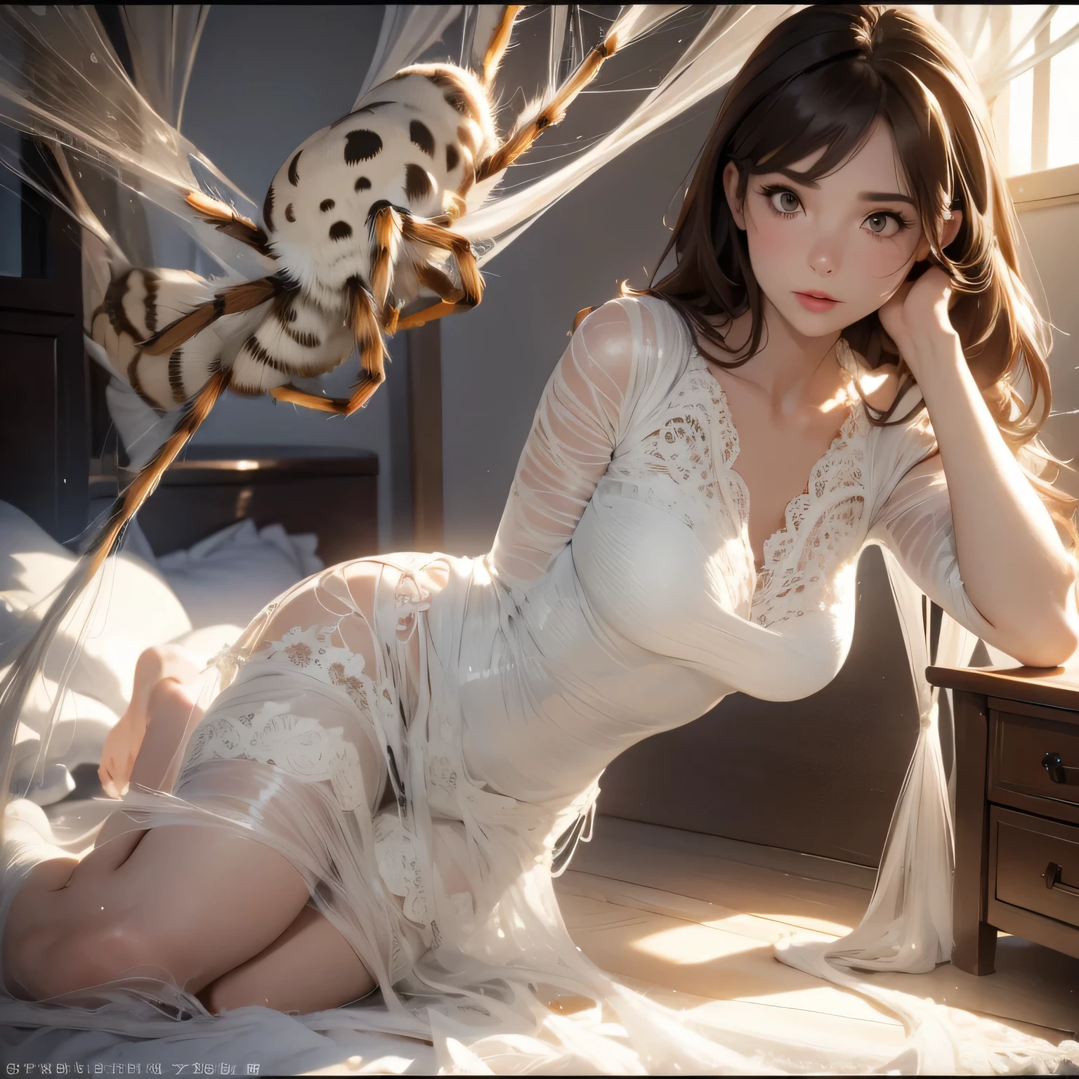 1girl,Spider weaving a net on the girl,réalism:1.2,ultra-detailed,bedroom setting,stretched pose,struggling in the net,brown haired,very long sheer skirt,oaken floor,soft sunlight,delicate spider silk,lace curtains,bedside table,decorative pillows