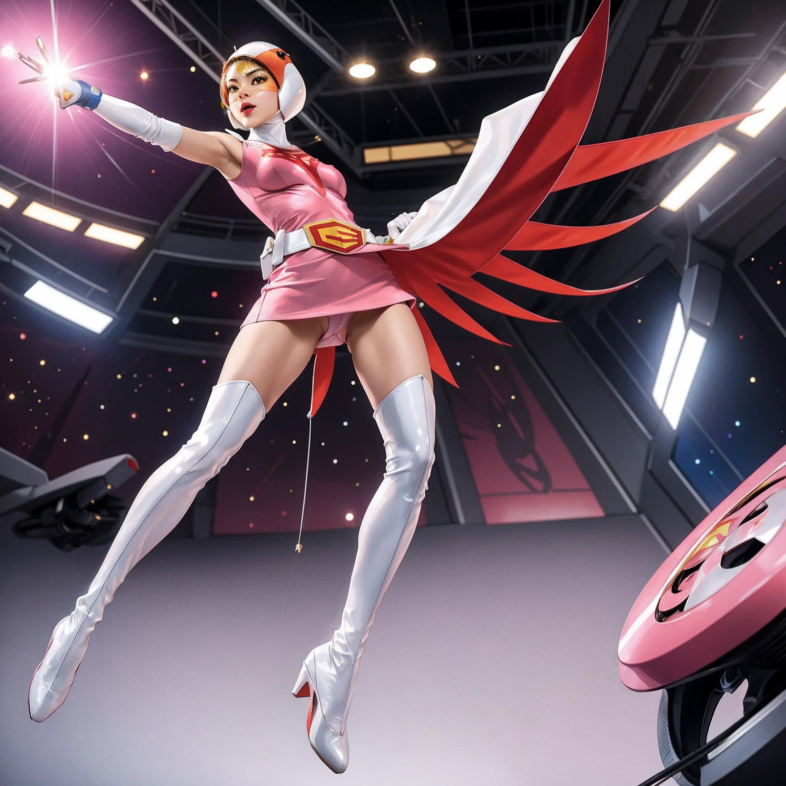 ANI_CLASSIC_jun_gatchaman_ownwaifu,1girl, 15yo,good anatomy, masterpiece, best quality, realistic, hyper realistic, 16k hdr, breasts, large breasts, lipstick, makeup, gloves, cape, helmet, belt, elbow gloves, white gloves, mask, ultra miniskirt, leotard, spacesuit, white tight overknee highheel boots, pink dress, superhero, bodysuit, cleavage, erected nipples,(sexy pose, from below:1.2),(spread legs:1.1),cameltoe