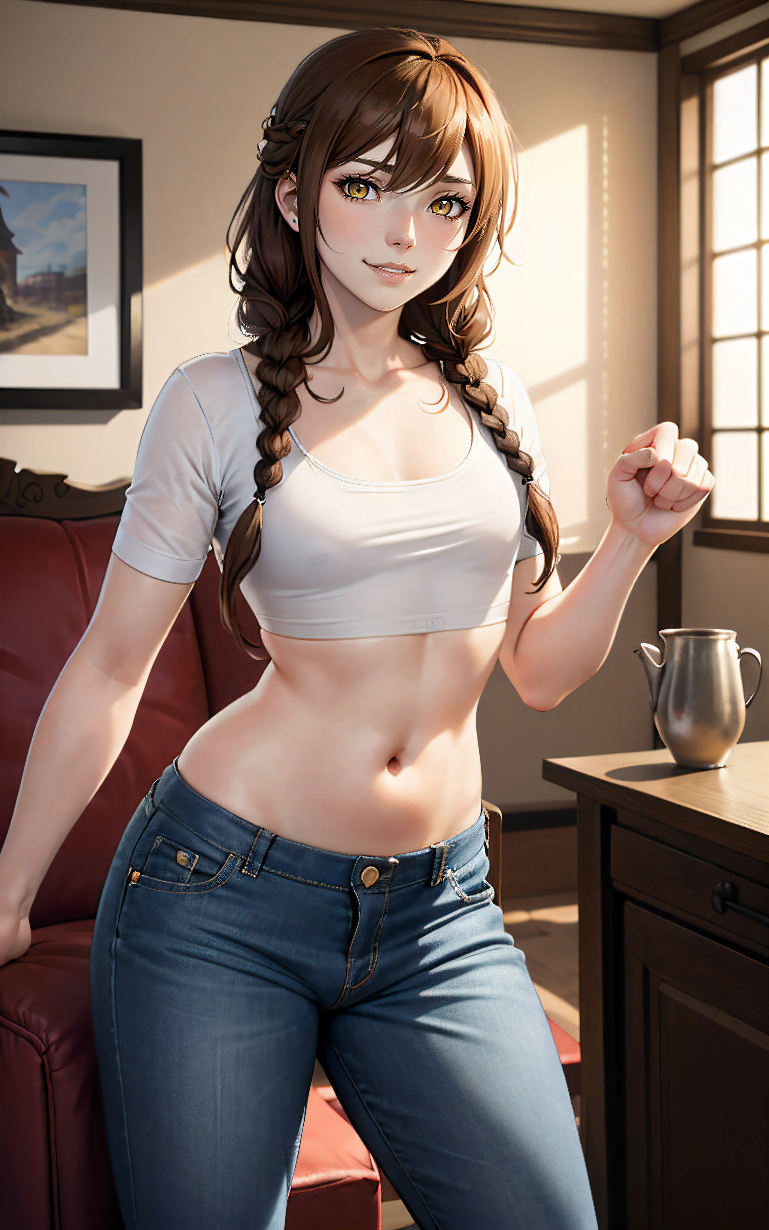 (Urushibara Wounds (Mugshots;Gate)):1.3), ((yellow  eyes, detailded eyes, chestnut hair, braid, long braid, white details on the fringe, ssmile), ((detailded , bulge in the panties, top cut, tummy, )), (((erection, bulge in pants))), (Medieval France, fancy), ((illustration)), (mature man, Masculine feminine, femboy), (((work of art))), (realisitic:0.7), best qualityer,femboy, otoko no ko, Masculine feminine, 1womanl, standing alone, Otoko Maduro no ko, ((flat-chested)), (((Action pose with interaction and leaning on anything+object+in something+leaning against))) in an apartment with furniture, cama de casal, window, desk with computer and TV , 16K, ultra HD, maximum quality, Maximum resolution, ultra realisitic, ((ultra detailded):1), ((perfect_Hands, perfect_Fingers))