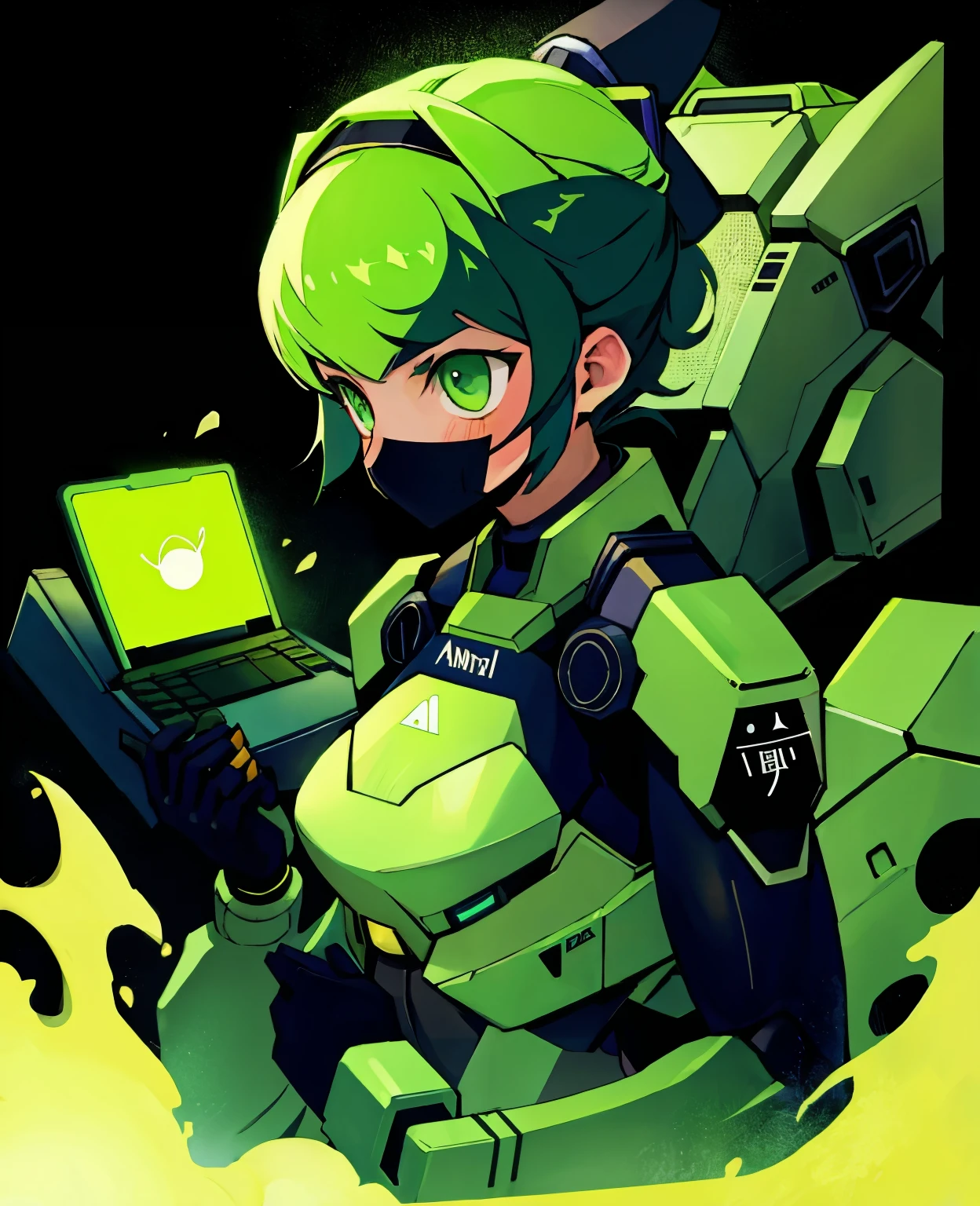 Chica anime con cabello verde sosteniendo una computadora portátil y una pantalla  verde - SeaArt AI