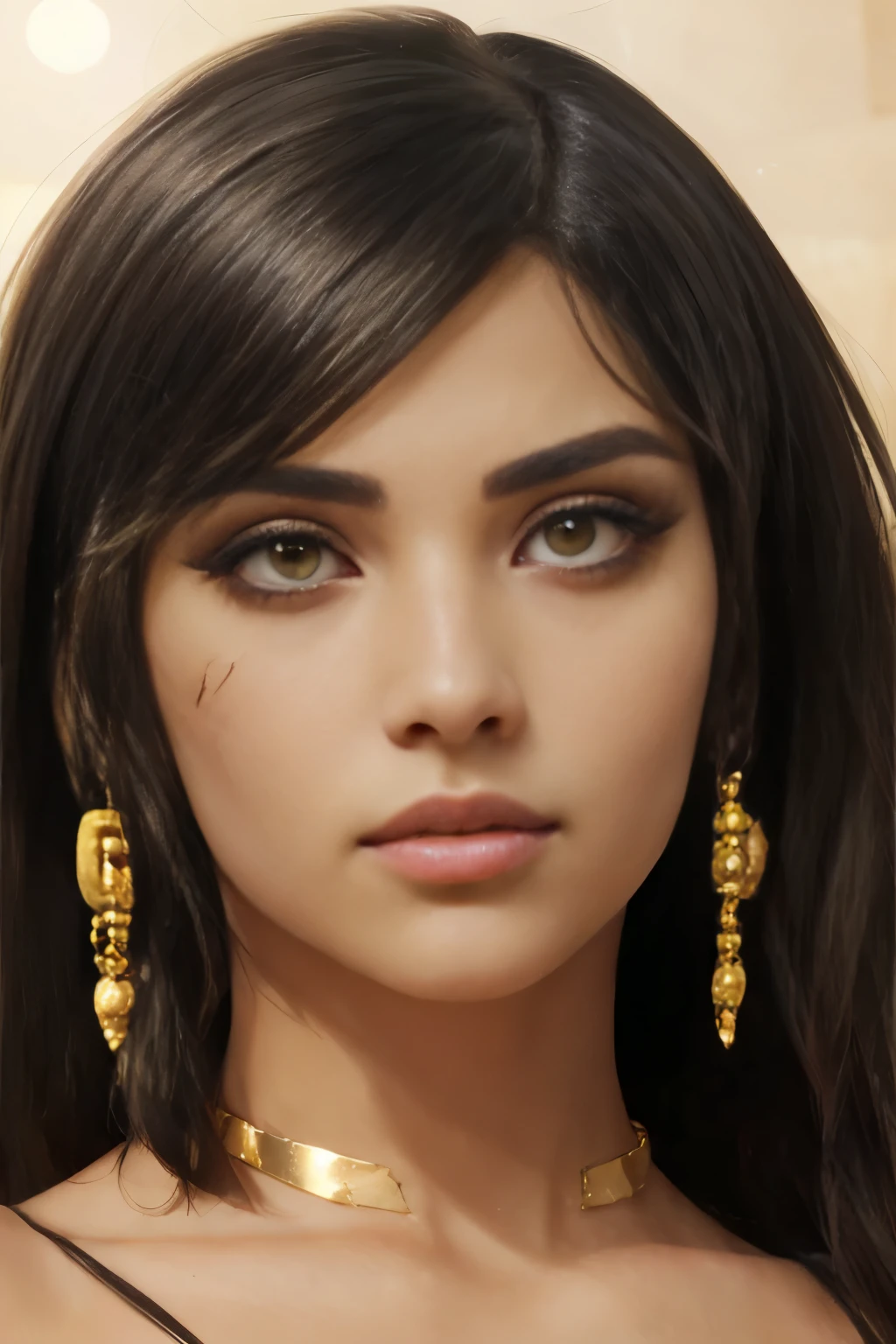 hyper realistic portrait shot of a beautiful egyptian queen, looking down proudly on the camera with her (expressive yellow eyes), tanned skin tone , thin nose, thick kissable parted lips , (black blunt bob hair with braided bangs), golden accessories and jewelries , (thick eyeliner), (eye makeup),