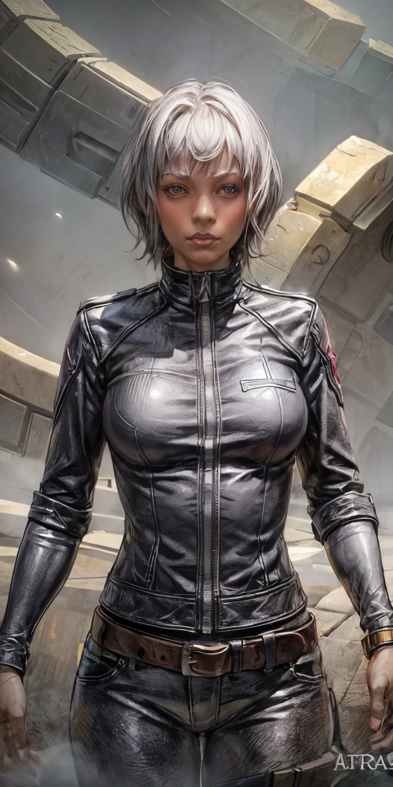 A woman in a black leather suit holding a gun - SeaArt AI