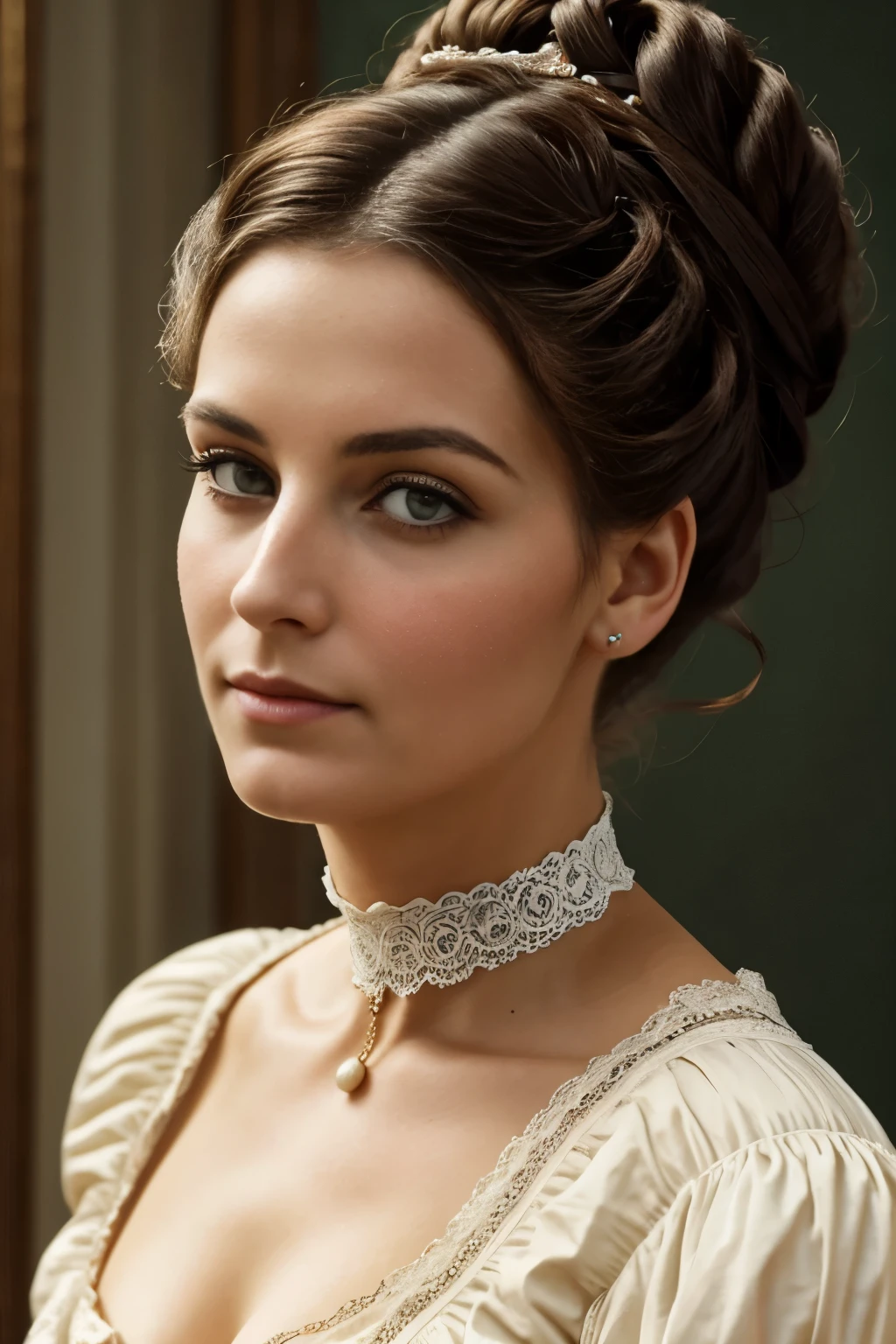 hermosa mujer de 40 años, Victorian era, foto de época, Rostro femenino perfecto, Hermoso rostro, vestido victoriano, Gargantilla, peinado de moño desordenado.