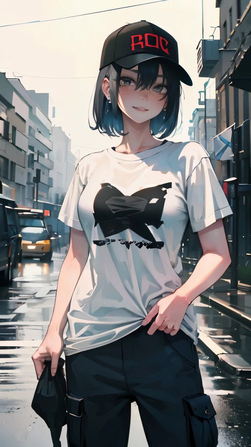 super resolution,
(realistic:1.3),
(1 slim girl), stylish girl, fashion,
young face, blush, (evil smile),
(slim) thigh,
baseball cap, earrings,
(black t-shirt), (baggy cargo pants),
gravure,
Rainy streets