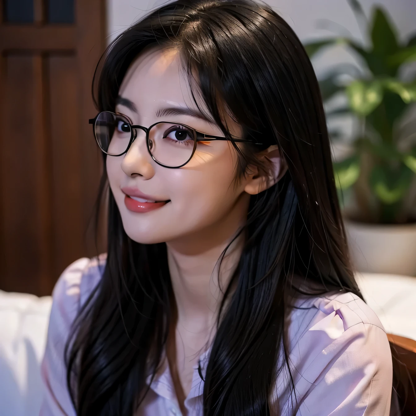 A close up of a woman wearing glasses sitting on a couch - SeaArt AI