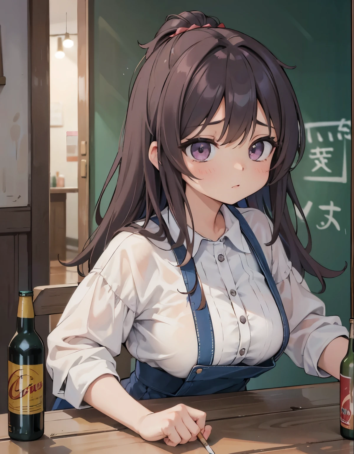 Anime girl sitting at a table with a bottle of beer - SeaArt AI