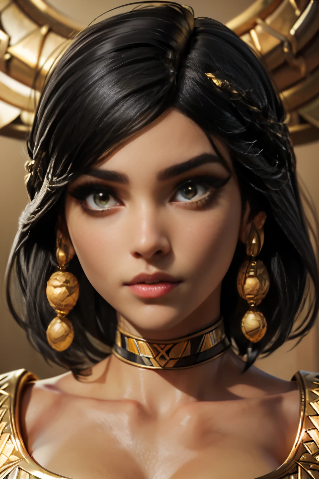 hyper realistic portrait shot of a beautiful egyptian queen, looking down proudly on the camera with her (expressive yellow eyes), tanned skin tone , thin nose, thick kissable parted lips , (black blunt bob hair with braided bangs), golden accessories and jewelries , (thick eyeliner), (eye makeup),