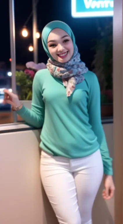 malay girl in hijab, wear small floral pastel blue color shirt and high waist placated white suit pants , laughing and posing wi...