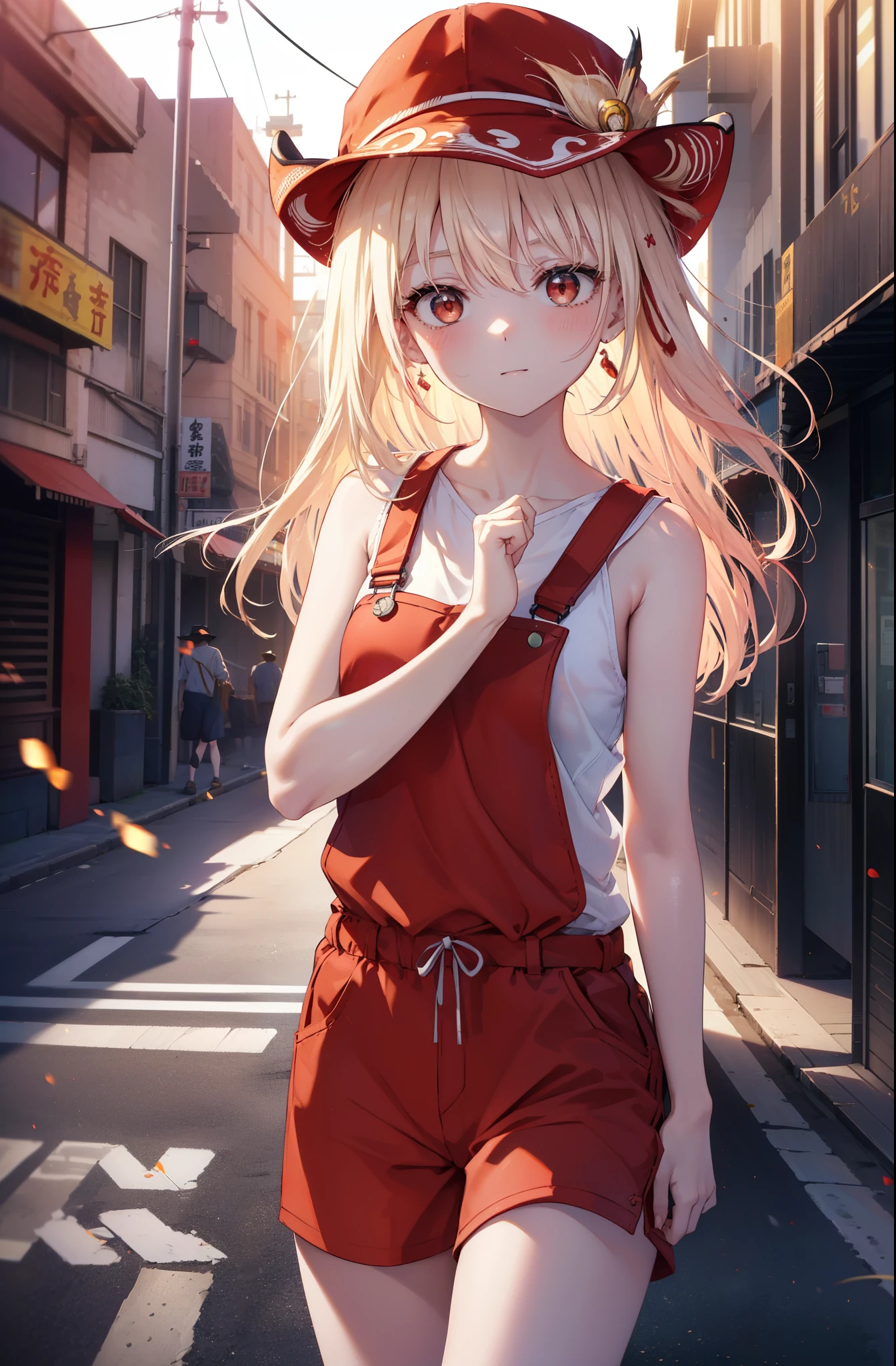 chisatonishikigi, nishikigi chisato, long hair, bangs, blonde hair, (red eyes:1.5), one side up,smile,blush,baseball cap,bare arms,Red Sleeveless Tank Top,Overalls with one handle coming off,sneakers,noon,Light of the sun,
break outdoors, city,building street,
break looking at viewer, (cowboy shot:1.5),
break (masterpiece:1.2), highest quality, High resolution, unity 8k wallpaper, (shape:0.8), (fine and beautiful eyes:1.6), highly detailed face, perfect lighting, Very detailed CG, (perfect hands, perfect anatomy),