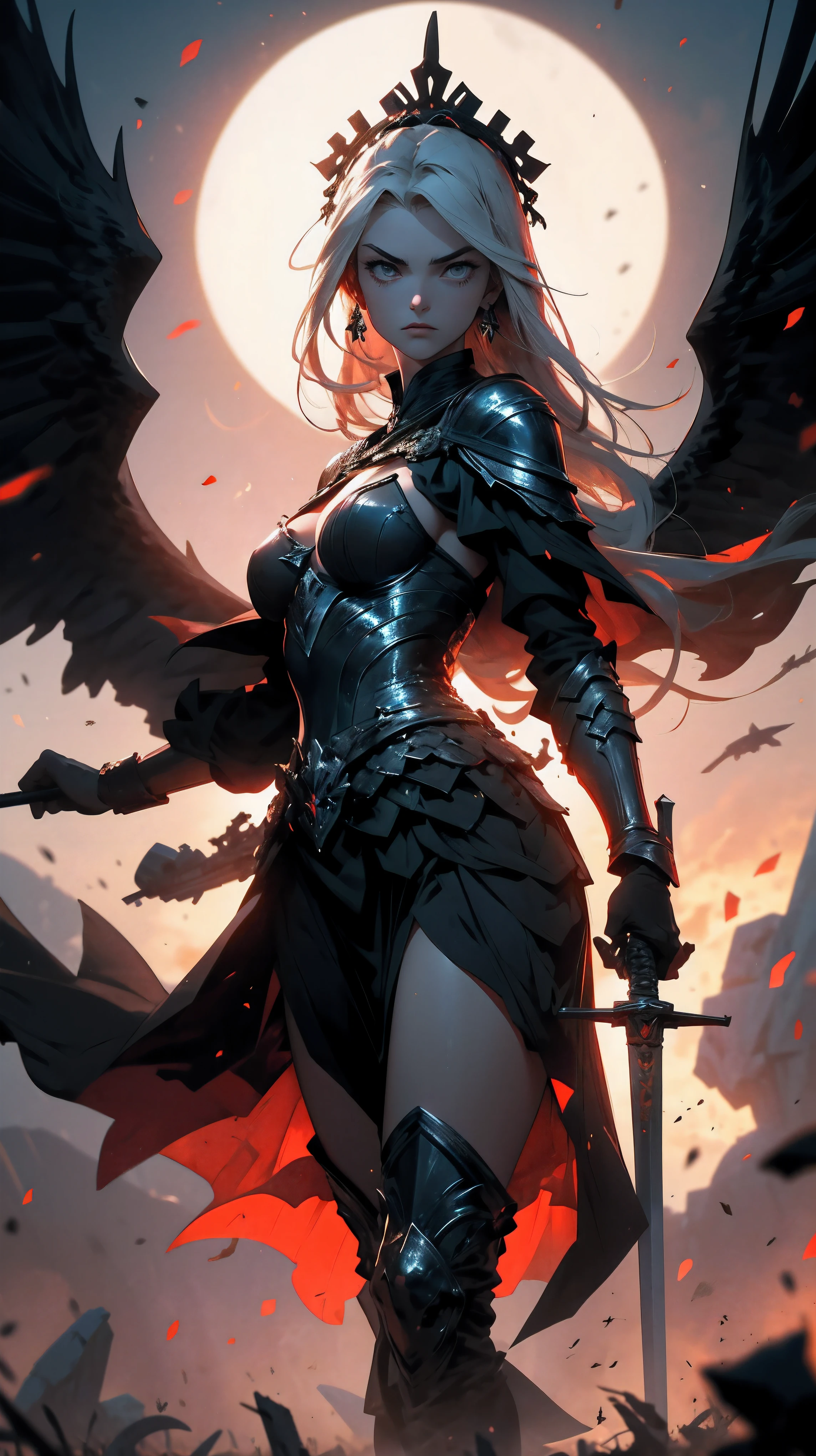 large silhouette of the goddess of war in the air with bloody sword in her hand, Best quality, masterpiece, super high resolution, (realism: 1.4), vast field, dead warriors bodies lying on the field, corpses, dark colors, gloomy, grim, foggy
