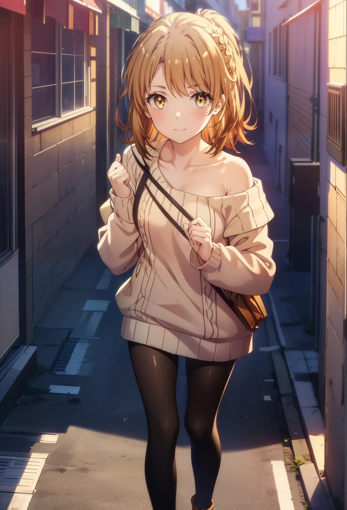 irohaisshiki, iroha isshiki, long hair, brown hair, (brown eyes:1.5), smile,blush,short braided hair,ponytail,off shoulder sweater,bare shoulders,naked neck,bare clavicle, oversized sweater, oversized sweater,  shorts,black pantyhose,short boots,morning日,morning,the sun is rising,walking,On the way to school,
break outdoors, building street,In town,
break looking at viewer,
break (masterpiece:1.2), highest quality, High resolution, unity 8k wallpaper, (figure:0.8), (detailed and beautiful eyes:1.6), highly detailed face, perfect lighting, Very detailed CG, (perfect hands, perfect anatomy),