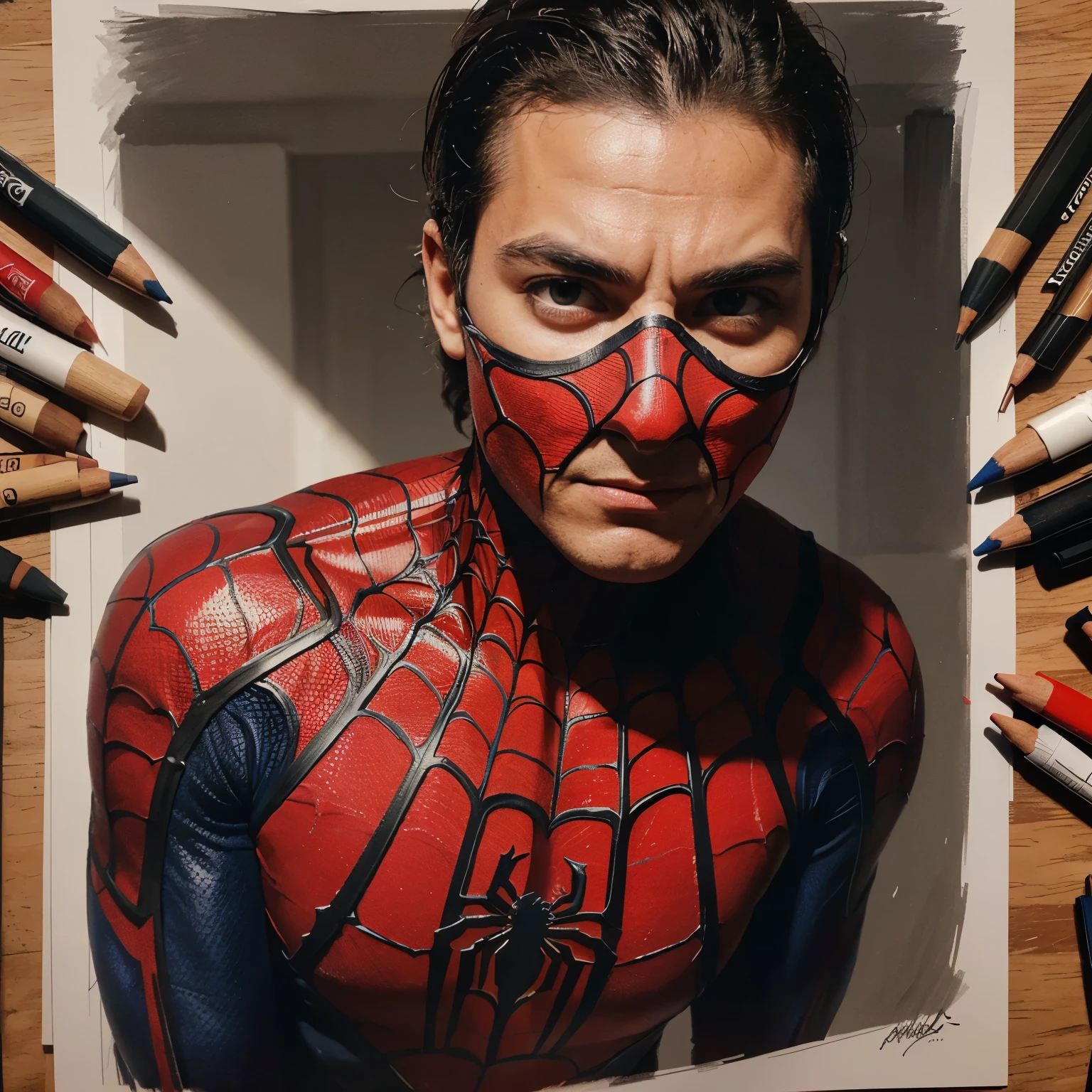 Un primer plano de un dibujo de un hombre araña con muchos lápices de  colores - SeaArt AI