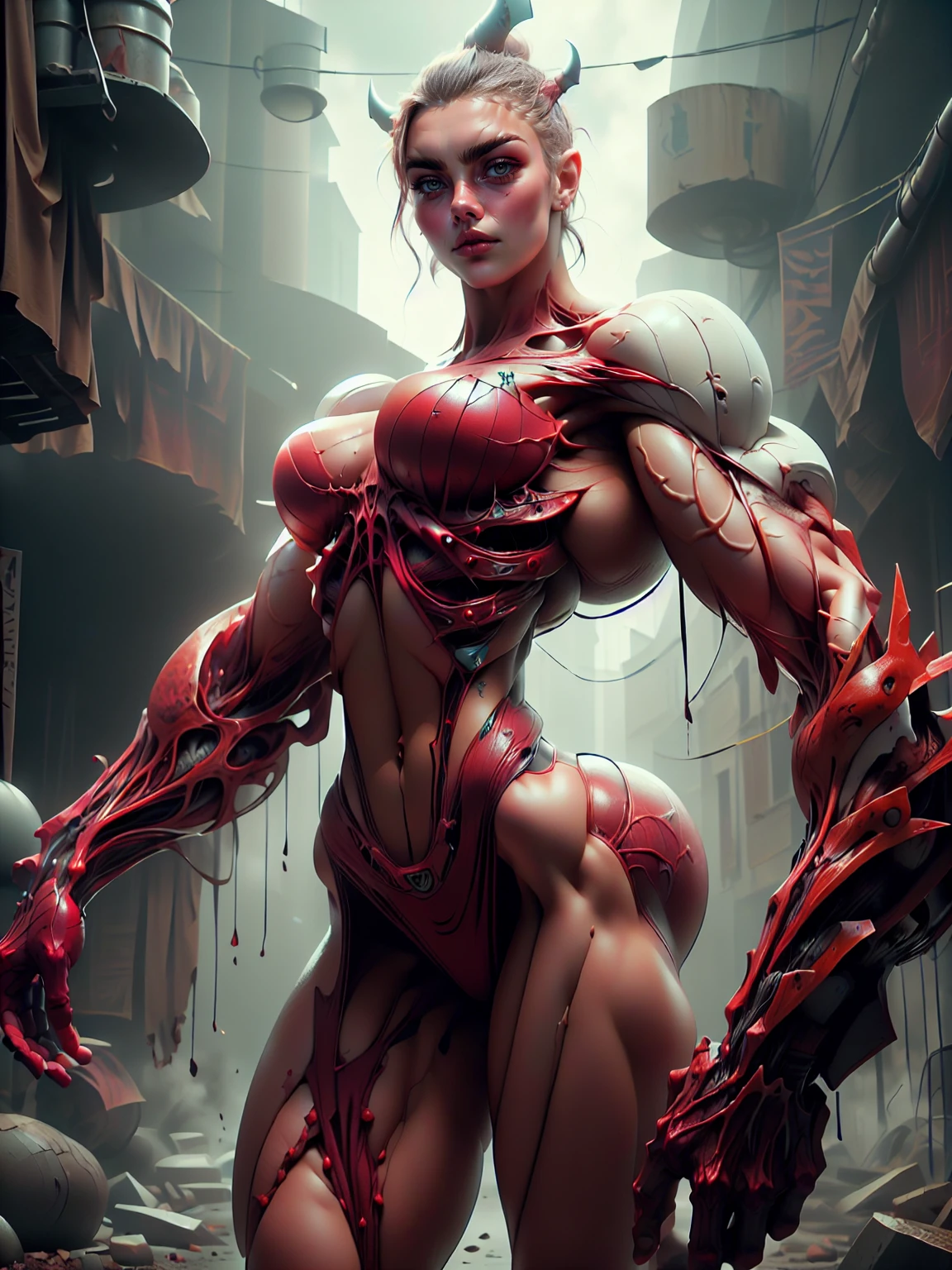 (1 girl), (cara delevingne:1.25), (carnage skinless physique:1.25), (1 super muscular undead skinless succubus with gigantic horns:1.25), (covered in red necrotic rotting skinless muscle:1.25), (exposed muscles & veins everywhere:1.25), (perfect fingers:1.25),(8k, RAW photo, photorealistic:1.25), dark horrific scary atmosphere, hellish landscape, Hellraiser like atmosphere,