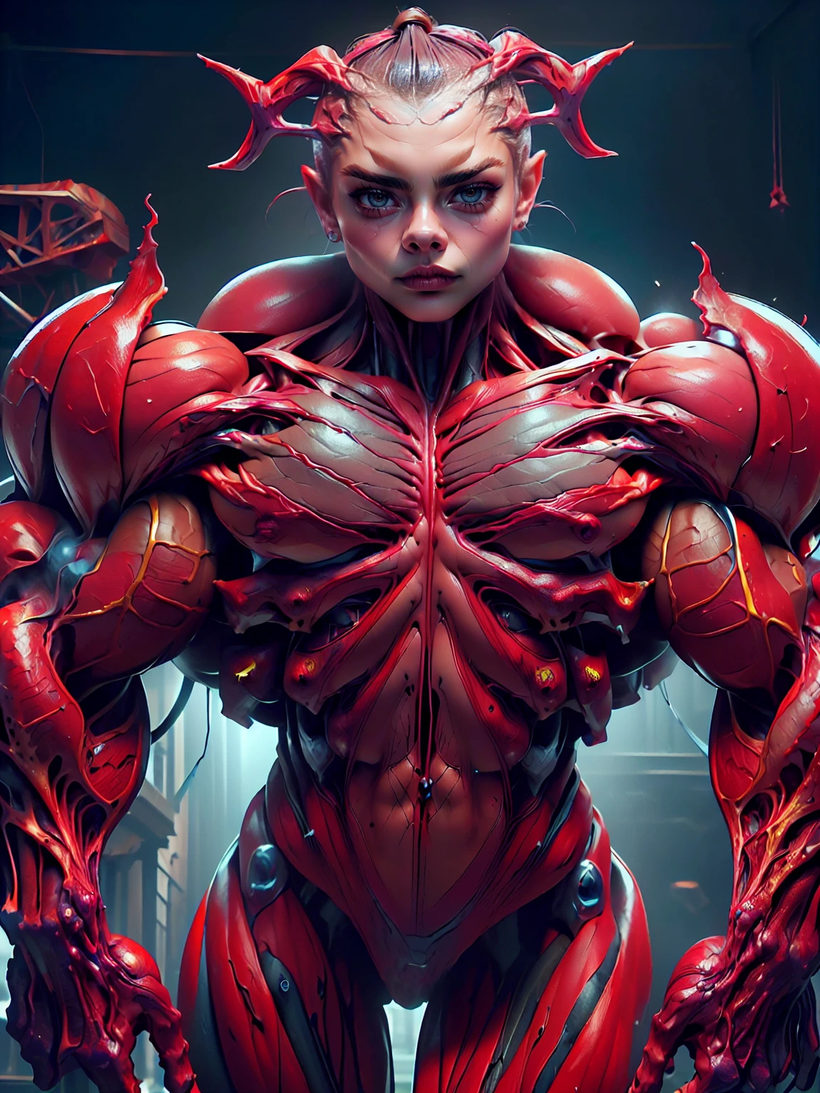 (1 girl), (cara delevingne:1.25), (carnage skinless physique:1.25), (1 super muscular undead skinless succubus with gigantic horns:1.25), (covered in red necrotic rotting skinless muscle:1.25), (exposed muscles & veins everywhere:1.25), (perfect fingers:1.25),(8k, RAW photo, photorealistic:1.25), dark horrific scary atmosphere, hellish landscape, Hellraiser like atmosphere,