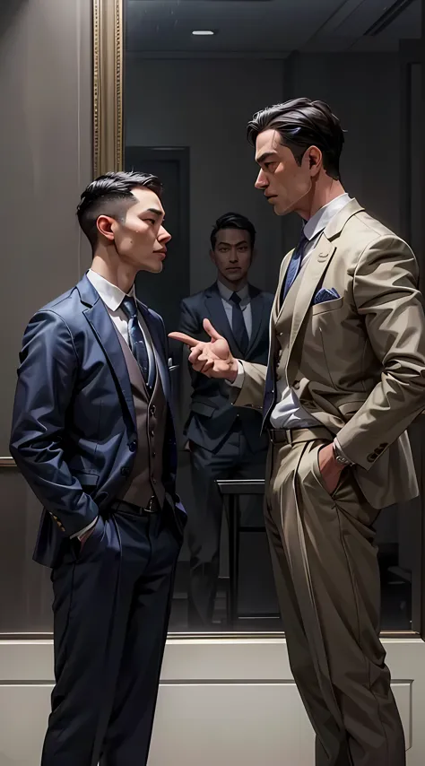 Na imagem, two men dressed in suits are standing in a room. A man is Asian and is on the left side of the frame, while the other...