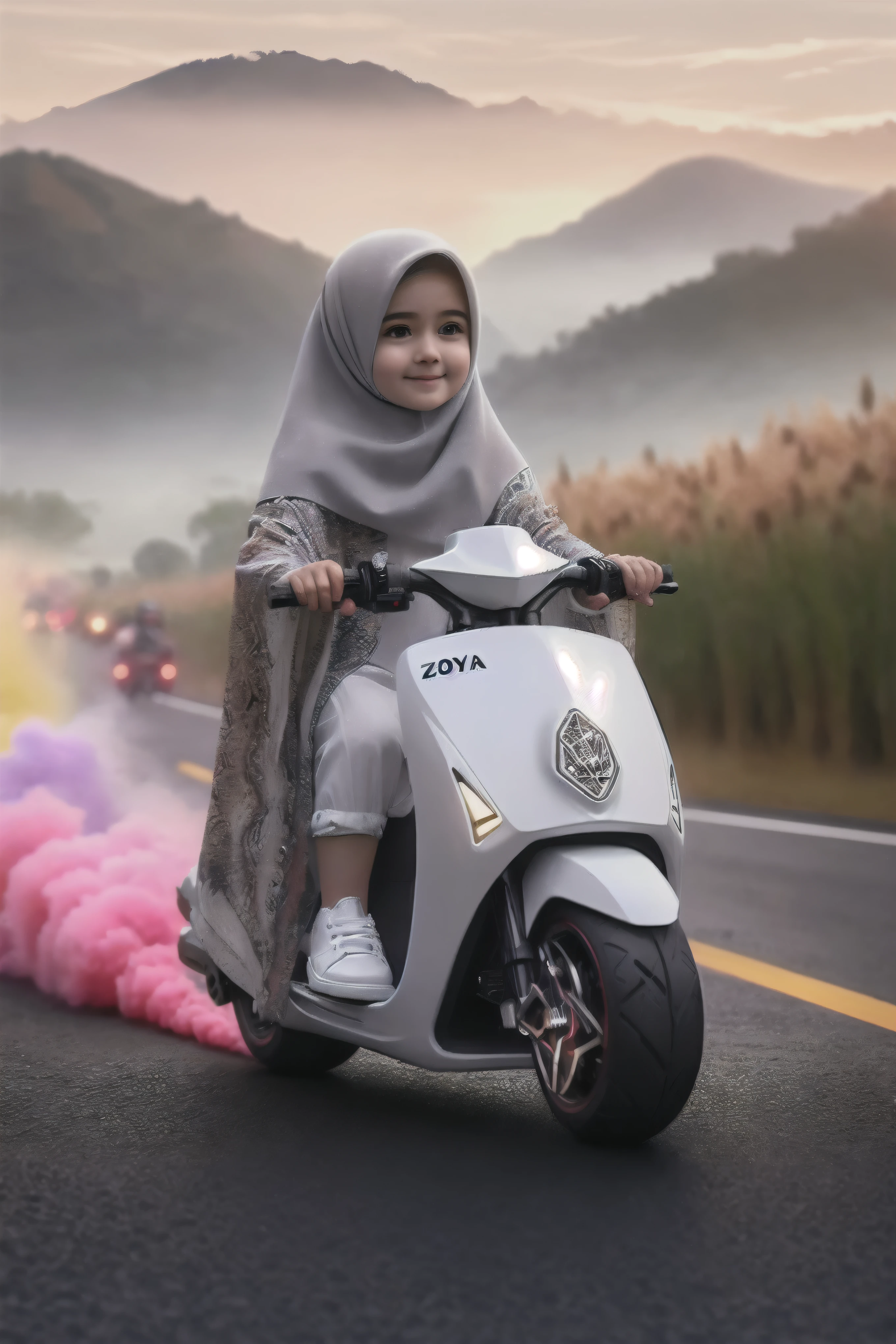 There is a little girl riding a scooter on the road - SeaArt AI