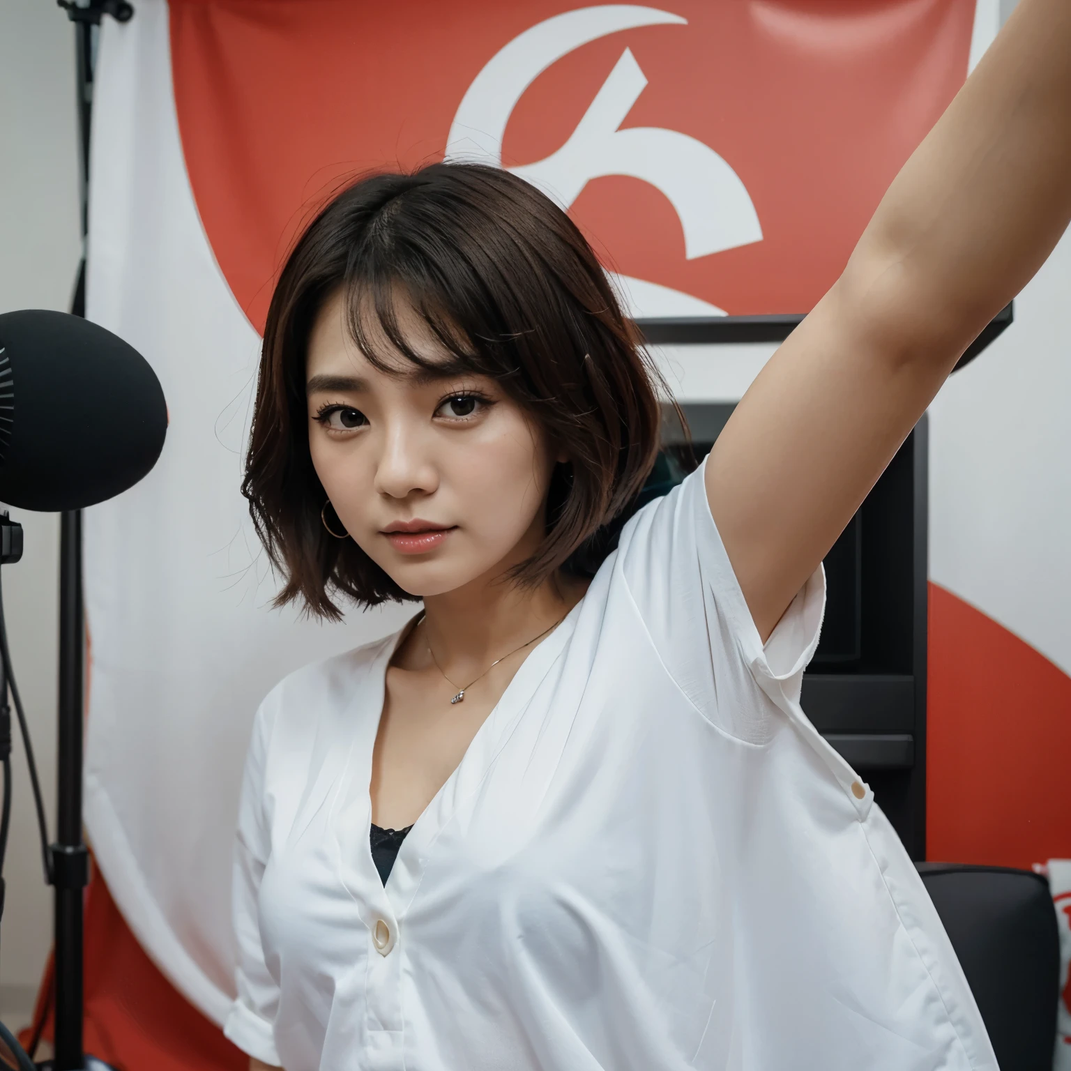 Arafed woman in white shirt holding up a microphone in front of a red and  white flag - SeaArt AI