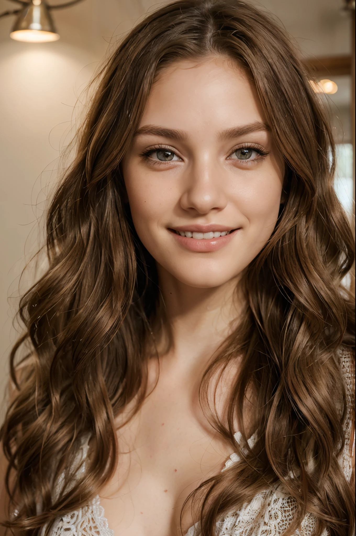 A woman with long brown hair and a white bra top - SeaArt AI