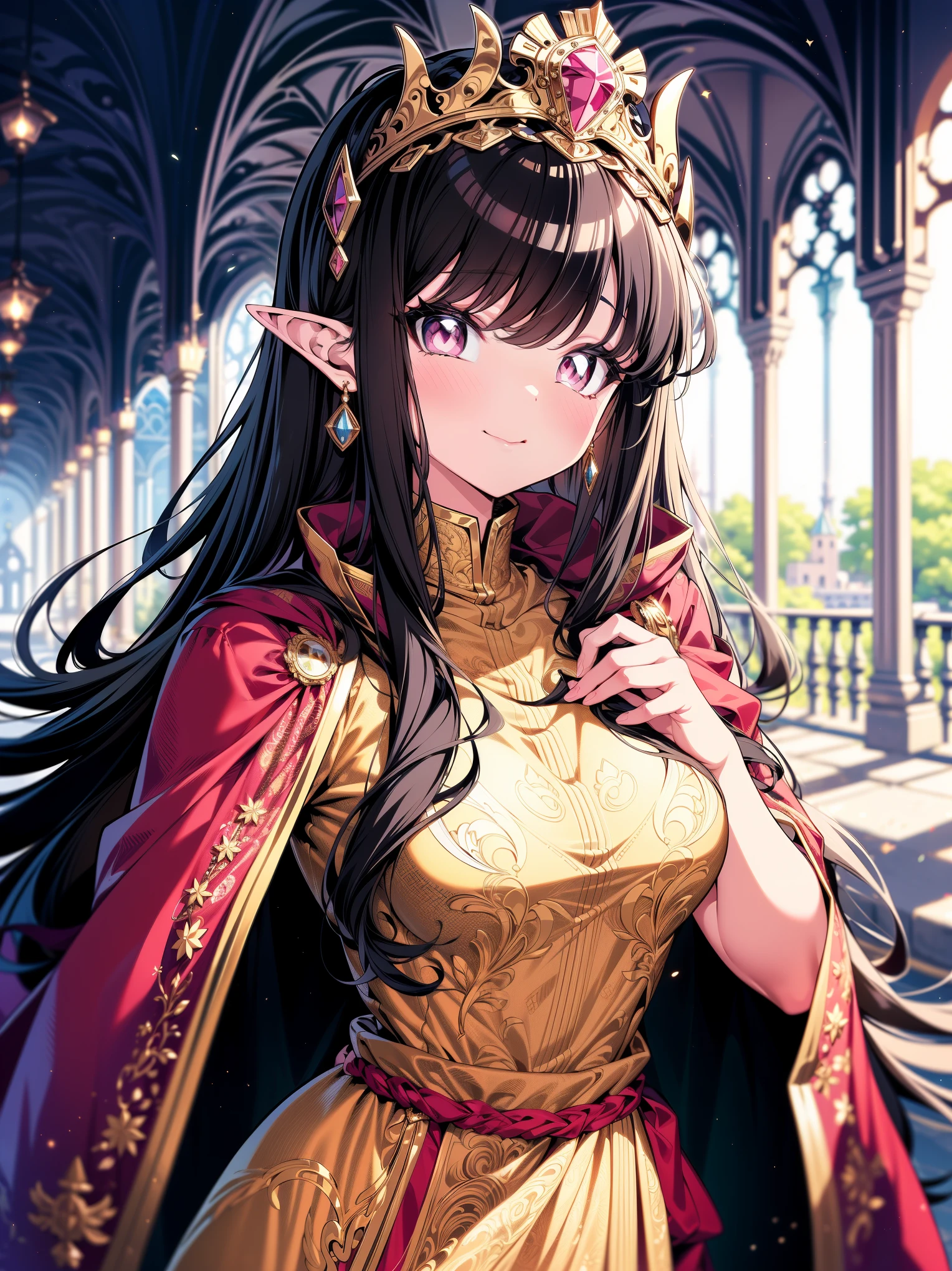 (masterpiece), (best quality, ultra-high resolution, depth of field:1.2), (perfect anatomy), Fair skin, Elf woman, pink eyes, black hair in a hime hairstyle, long hair, pink bow, gold earrings, medium breasts, (wearing an intricate gown), frills, (wearing a royalty cape), tiara, (medieval castle scenery), gentle smile