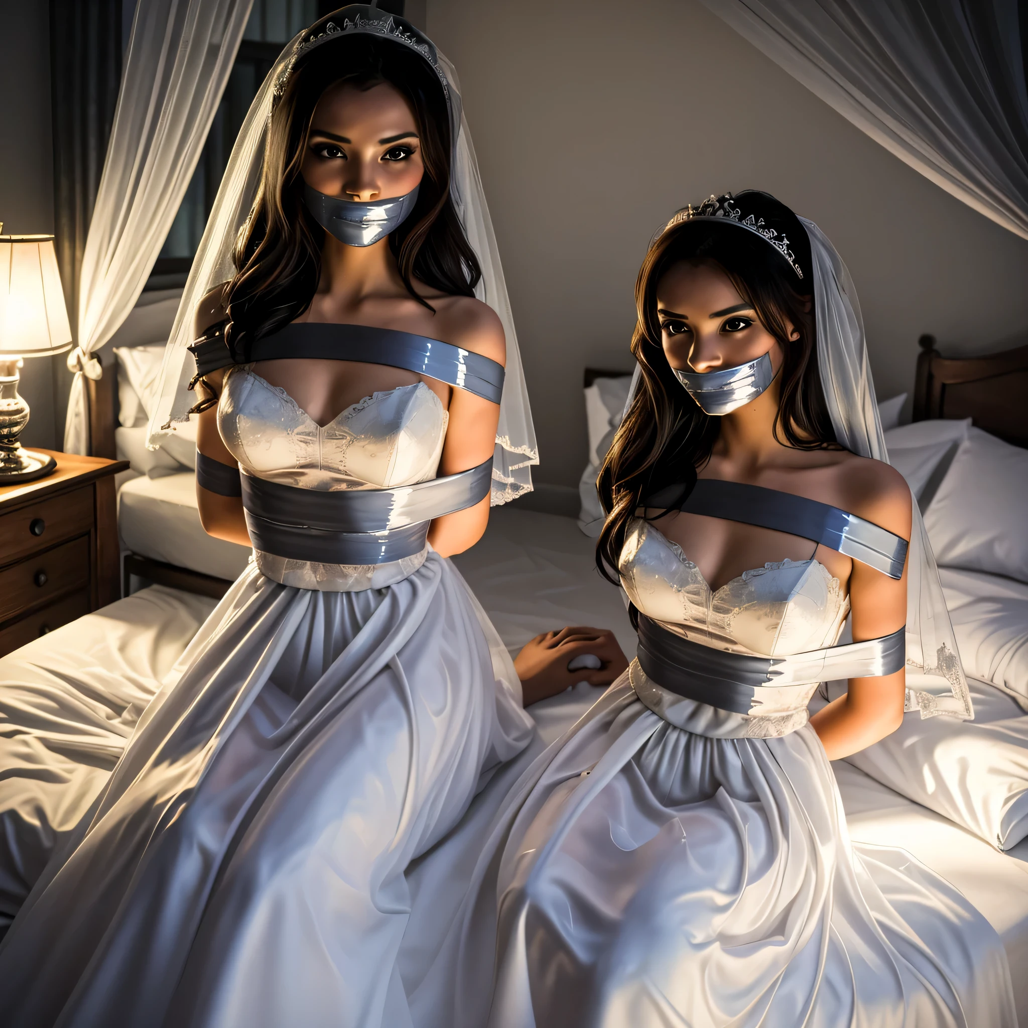 Two women in wedding dresses with tape on their faces - SeaArt AI