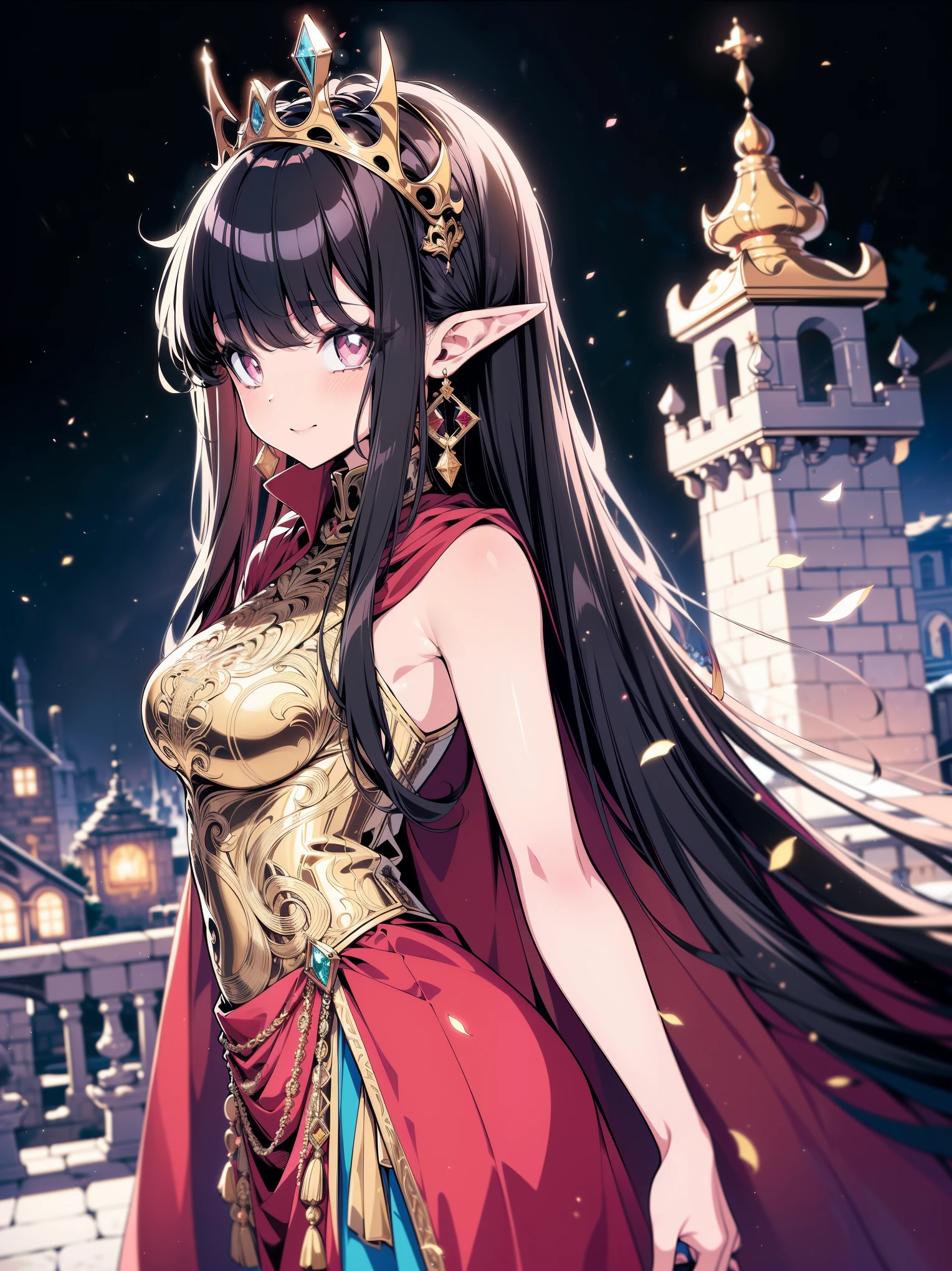 (masterpiece), (best quality, ultra-high resolution, depth of field:1.2), (perfect anatomy), Fair skin, Elf woman, pink eyes, black hair in a hime hairstyle, long hair, pink bow, gold earrings, medium breasts, (wearing an intricate gown), frills, (wearing a royalty cape), tiara, (medieval castle scenery), gentle smile