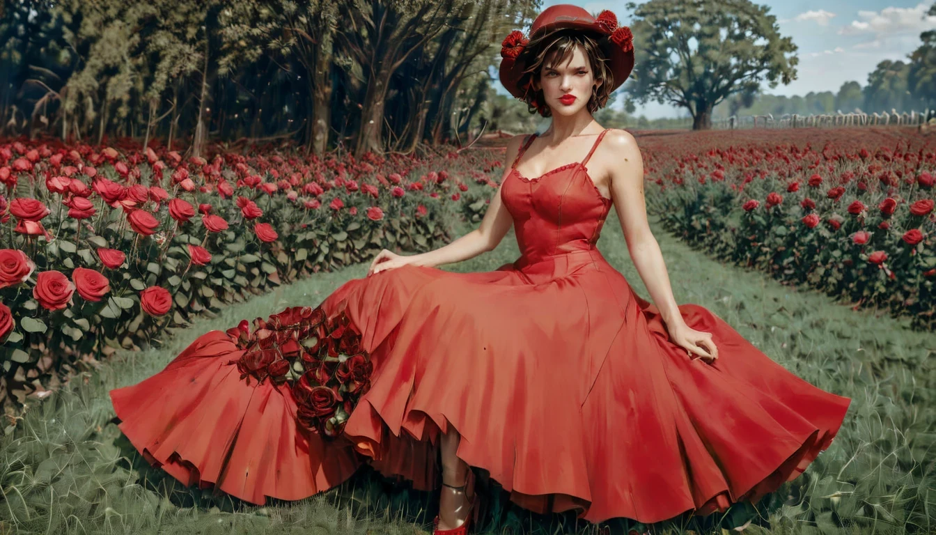 wearing a red dress《one piece》The female empress ((mile Jovovich) (27 year old) with dark red dress, The skirt is long to the floor and I wear a hat), Boyahan Cook is surrounded by roses, in a red dream world, on red background, rich red colors, vibrant red colors, extremely colorful，red hue, red mood in background, red petals falling, Very red, Woman in Red Dress, hot body，color red, color red, red atmosphere, red theme, beautiful beautiful digital art, red hue.