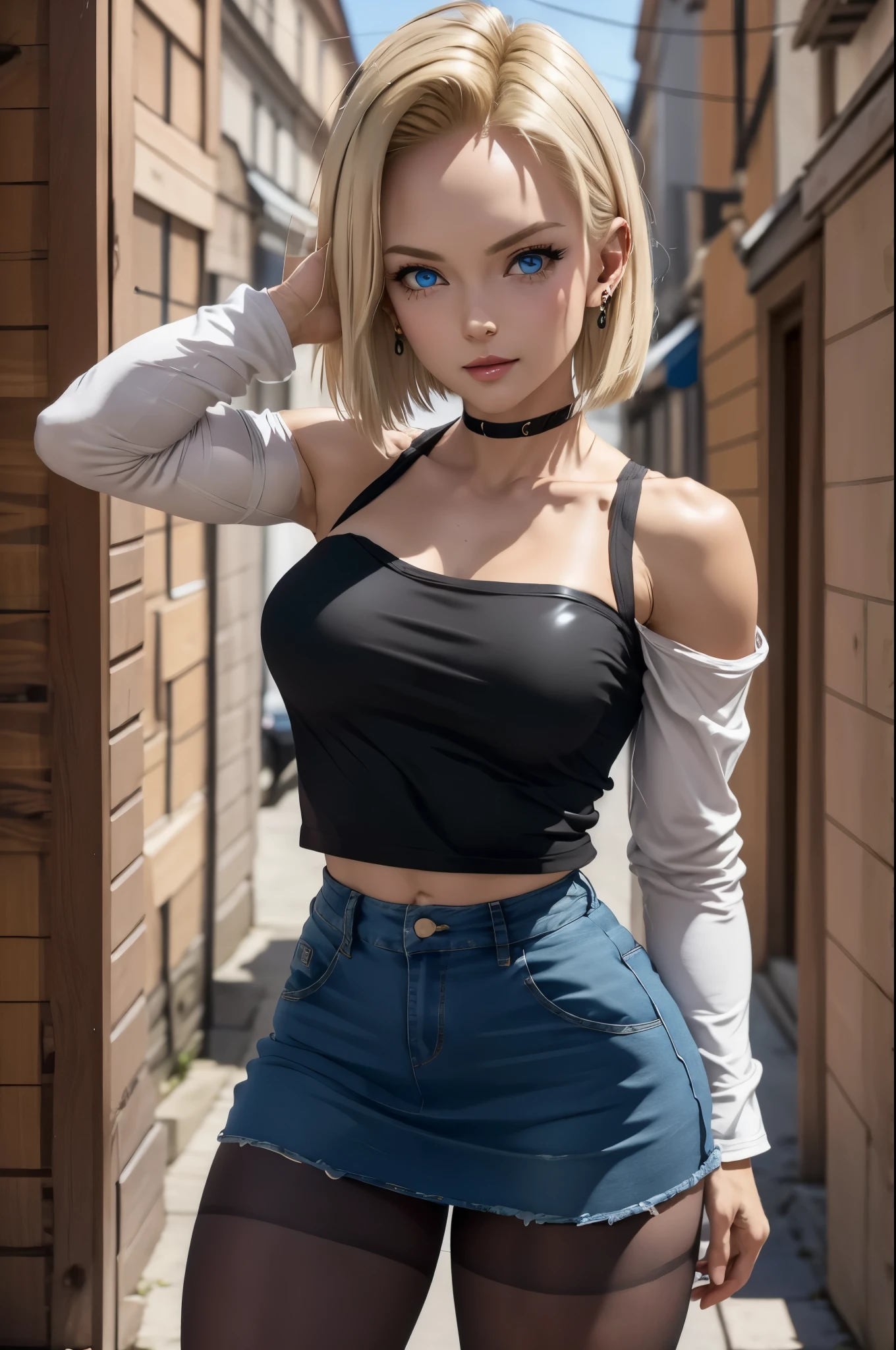 best quality, highres, and18, 1girl, android 18, solo, blonde hair, blue eyes, short hair, earrings, jewelry, denim vest, open vest, black pantyhose, black shirt, denim skirt, striped long sleeves, blue skirt, medium breasts, cowboy shot, street, off-the-shoulder, Strapless, 29 years old. piernas fuertes. pechos grandes, 