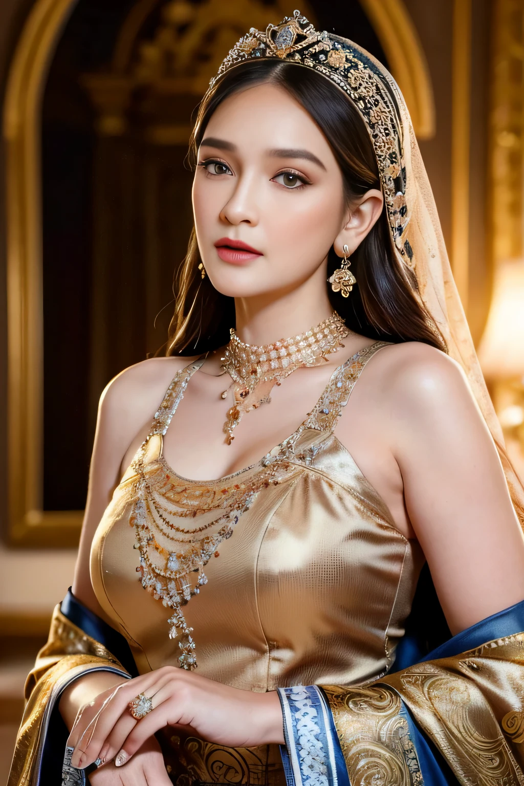 (best quality,4k,highres,masterpiece:1.2),ultra-detailed,realistic:1.37,beautiful and regal Javanese queen with hijab,dark and luxurious palace backdrop,beautiful detailed eyes and face,long eyelashes,voluptuous and curvy figure,exquisite jewelry and accessories,ornate and intricate patterned textiles,dazzling crown and royal attire,golden light illuminating the scene,vibrant and vivid color palette,soft and ethereal lighting,confident and alluring expression,graceful and elegant pose,serene and majestic atmosphere,rich cultural elements and symbols,meticulously captured body contours,subtle and tasteful sensuality,endless attention to every detail,romantic and dreamlike ambiance,artistic interpretation of beauty,stylish and sophisticated composition.