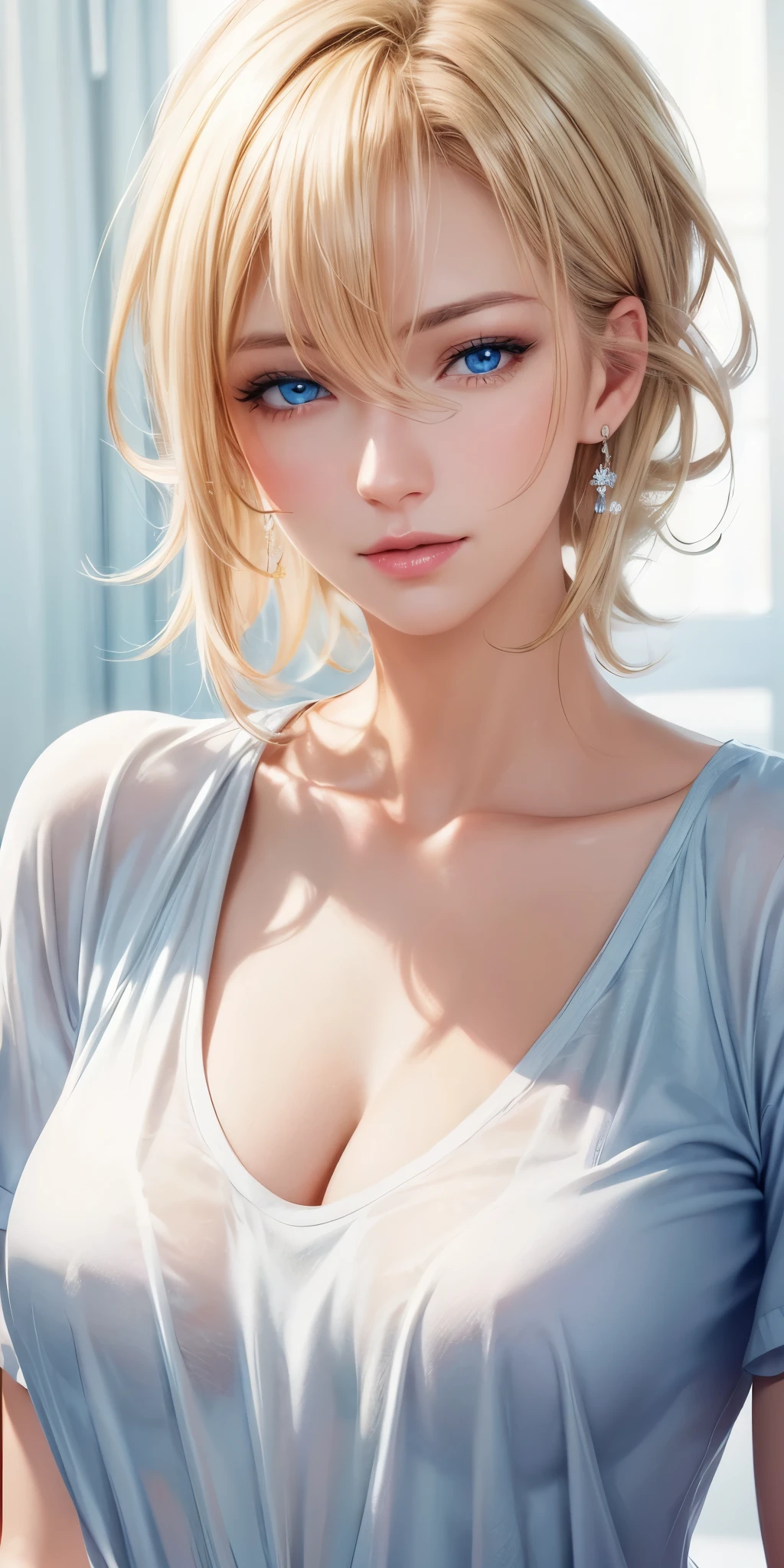 portrait, réaliste, Femme mûre élégante, yeux bleus, cheveux blonds bruns, coup balayé du côté, Résolution 4k, cg de haute qualité, Beau CG, Lumière douce