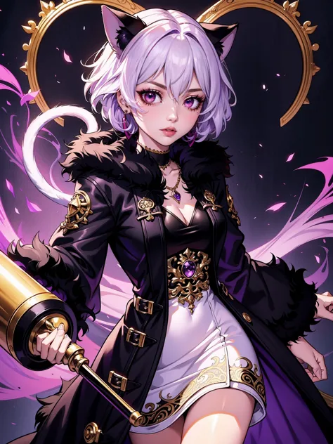 ((neferpitou, short white hair, short messy hair, cat ears, red eyes)), 1girl, ((white dress, ornate long dress, purple dress)),...