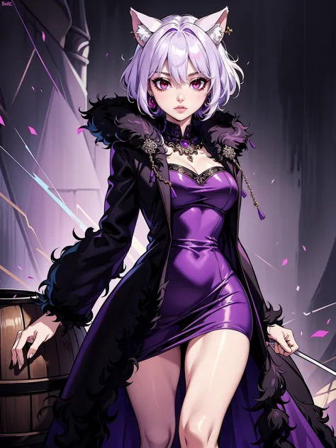 ((neferpitou, short white hair, short messy hair, cat ears, red eyes)), 1girl, ((white dress, ornate long dress, purple dress)),...