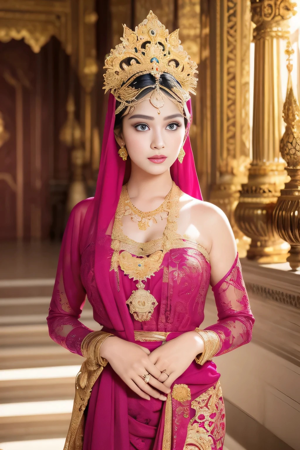 (best quality,4k,highres,masterpiece:1.2),ultra-detailed,realistic:1.37,beautiful and regal Javanese queen with hijab,dark and luxurious palace backdrop,beautiful detailed eyes and face,long eyelashes,voluptuous and curvy figure,exquisite jewelry and accessories,ornate and intricate patterned textiles,dazzling crown and royal attire,golden light illuminating the scene,vibrant and vivid color palette,soft and ethereal lighting,confident and alluring expression,graceful and elegant pose,serene and majestic atmosphere,rich cultural elements and symbols,meticulously captured body contours,subtle and tasteful sensuality,endless attention to every detail,romantic and dreamlike ambiance,artistic interpretation of beauty,stylish and sophisticated composition.