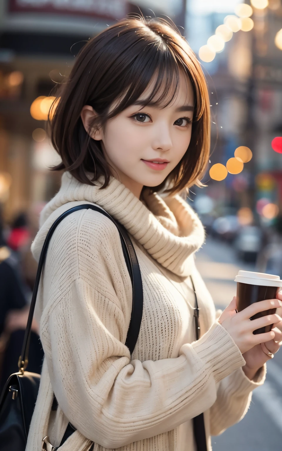 cute japanese 2、drink coffee at a cafe、nice cafe、her face is very thin、attention to detail、double eyelid、beautiful thin nose、sharp focus:1.2、Beautiful woman:1.4、(light brown hair、short hair、) 、pure white skin、highest quality、masterpiece、超High resolution、(Photoreal:1.4)、High resolution, professional lighting、nice smile、show the whole body、cute winter clothes、