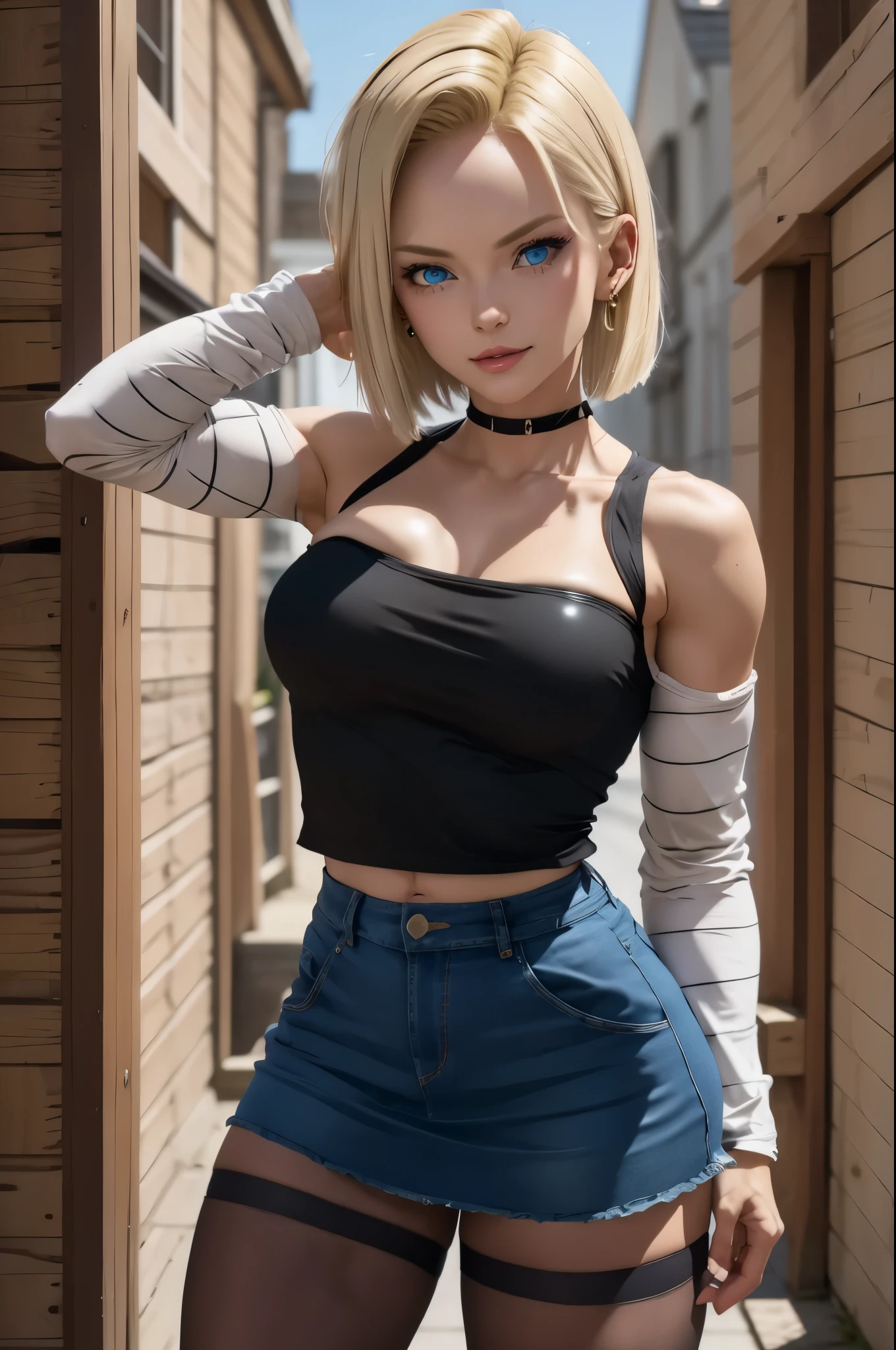 best quality, highres, and18, 1girl, android 18, solo, blonde hair, blue eyes, short hair, earrings, jewelry, denim vest, open vest, black pantyhose, black shirt, denim skirt, striped long sleeves, blue skirt, medium breasts, cowboy shot, street, off-the-shoulder, Strapless, 29 years old. piernas fuertes. pechos grandes, 