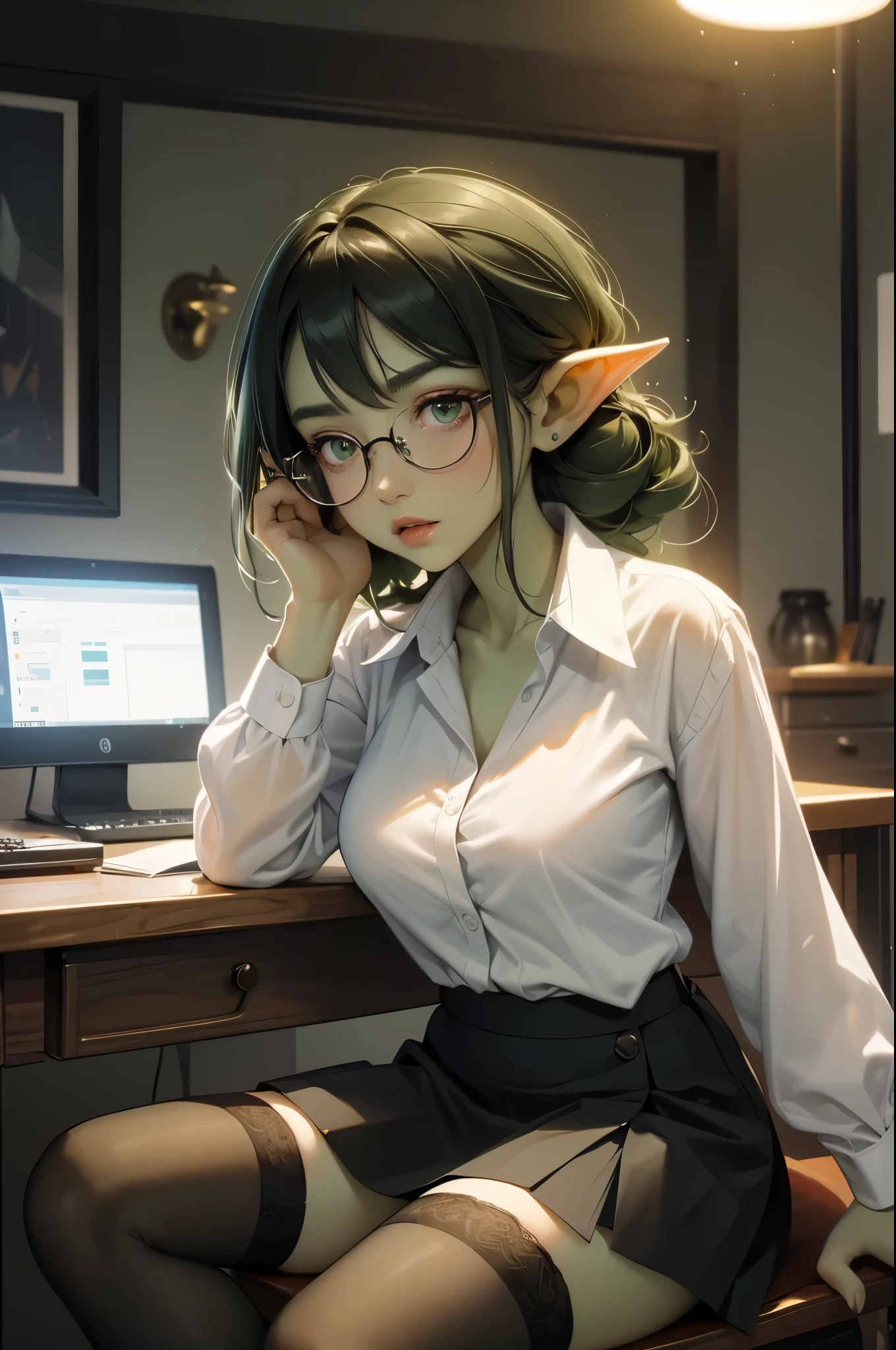 ((best quality)), ((masterpiece)), (detailed), perfect face, 3 foot tall girl wearing white button down shirt and black skirt, green skin, pointy ears, wearing black thigh high stockings, and black pumps, very shy, sitting in an office chair, dark room with single desk lamp,visible, tiny breasts, wearing black rimmed glasses, short dark green hair