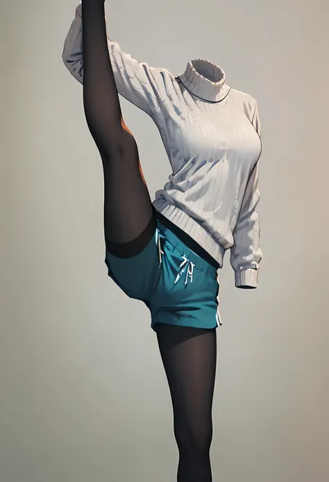 nobody,(best quality:1.2, highres), 1girl, solo, standing_split, detailed eyes, detailed lips, long eyelashes, white long sleeves turtleneck sweater, sports shorts, pantyhose, realistic lighting, soft pastel colors