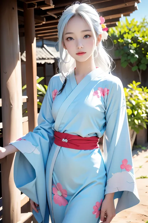 (light blue kimono:1.2)、(komono:1.2)、(bright floral pattern)、(long-sleeve)、1 girl、full body esbian、(white  hair、long hair)、(real...