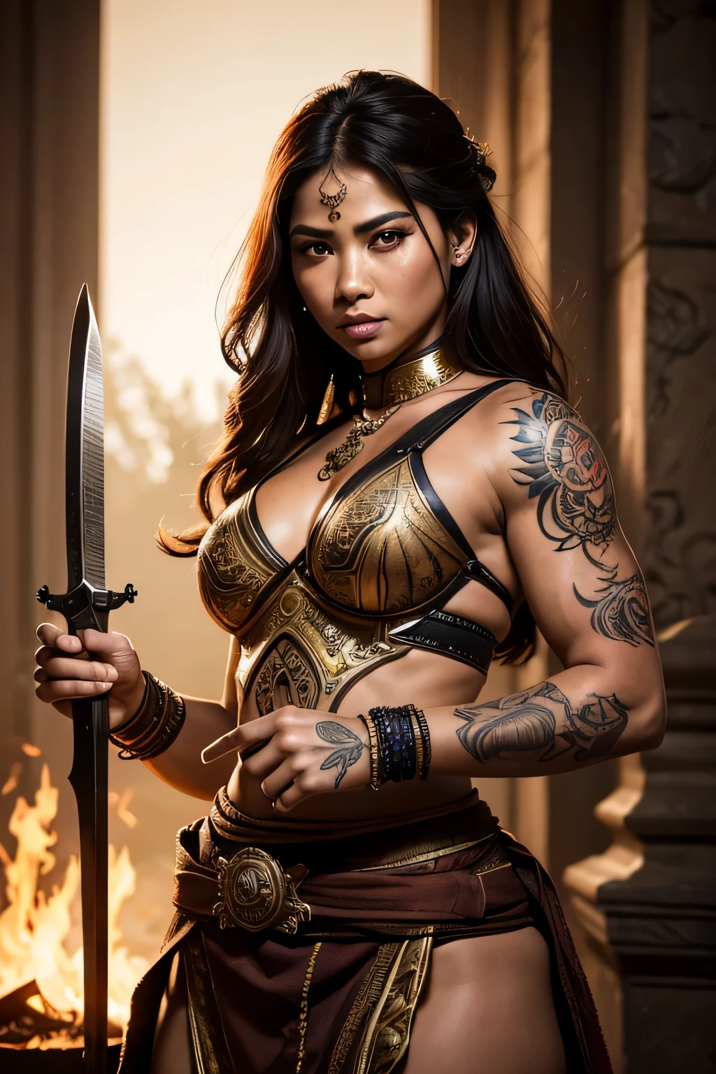 (best quality,4k,8k,highres,masterpiece:1.2),ultra-detailed,(realistic,photorealistic,photo-realistic:1.37),Indonesian Woman warrior in war,strong,brave,defensive,agile,stellar,beautiful detailed eyes,beautiful detailed lips,extremely detailed eyes and face,long eyelashes,elaborate traditional warrior attire,chiseled muscles,holding a sharp bladed weapon,covered in intricate tattoos,determinated expression,sunset lighting,with fire blazing in the background,artistic digital painting,dominant warm colors,contrasting light and shadows.