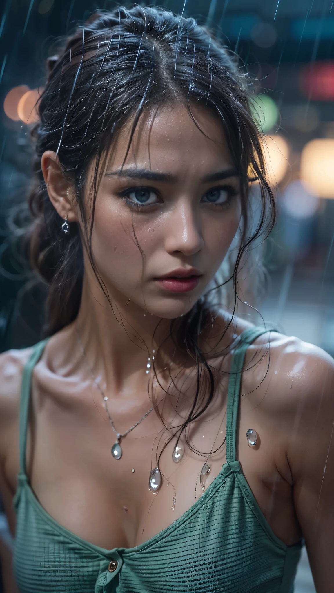 (RAW shooting, Photoreal:1.5, 8K, highest quality, masterpiece, ultra high resolution), perfect dynamic composition:1.2, Night street corner of a modern city, expression of sadness, (((Typhoon heavy rain))), Highly detailed skin and facial textures:1.2, Slim office lady wet in the rain:1.3, sexy beauty:1.1, perfect style:1.2, beautiful and aesthetic:1.1, Fair skin, very beautiful face, water droplets on the skin, (rain drips all over my body:1.2, wet body, wet hair:1.4, wet skirt:1.2, wet tank top:1.3), belt, (Medium chest, Bra see-through, Chest gap), (cry, lovelorn, The expression on your face when you feel intense caress, Facial expression when feeling pleasure), (beautiful blue eyes, Eyes that feel beautiful eros:0.8), (Too erotic:0.9, Bewitching:0.9), cowboy shot, Shoulder bag, necklace, earrings, bracelet, clock