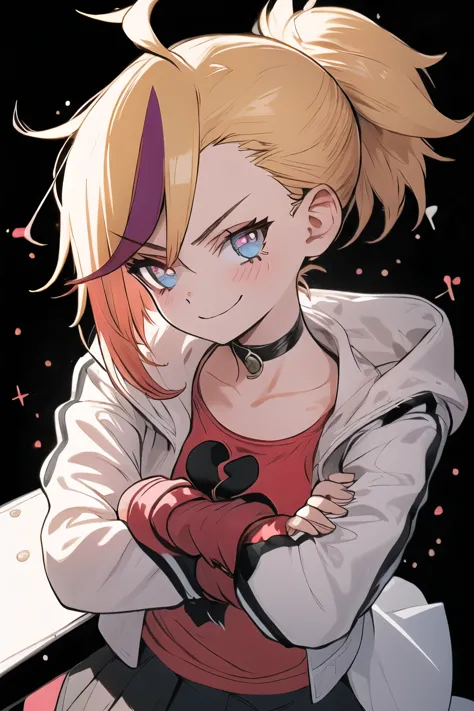 (best quality:1.2),solo,1girl,mdrin,smile,looking at viewer,crossed arms,ponytail,v-shaped eyebrows,white jacket,red shirt,finge...
